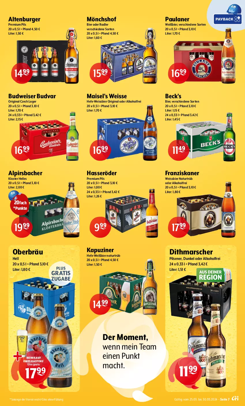 Aktueller Prospekt Getraenke Hoffmann - Prospekte - von 25.03 bis 30.03.2024 - strona 7 - produkty: alkohol, Alpirsbacher, altenburger, bier, budweiser, burger, eis, elle, franziskaner, gin, hasseröder, Hefe, mac, mais, mars, mönchshof, natur, oder radler, Paula, paulaner, pils, pilsener, premium pils, radler, Ti, weissbier