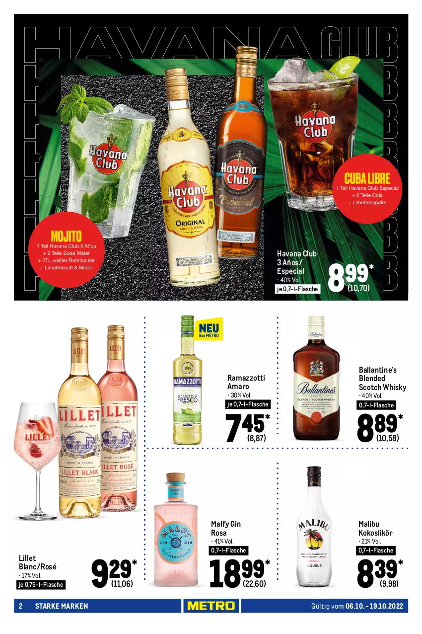 Aktueller Prospekt Metro - Starke Marken - von 06.10 bis 19.10.2022 - strona 2 - produkty: amaro, babybel, ball, blended scotch, blended scotch whisky, die ofenfrische, Dr. Oetker, flammkuchen, flasche, gin, Havana Club, kokos, kuchen, lamm, likör, lillet, mac, Malibu, milch, mini babybel, natur, Ofen, pizza, rama, ramazzott, ramazzotti, ristorante, ristorante pizza, scotch, scotch whisky, Ti, whisky, zott