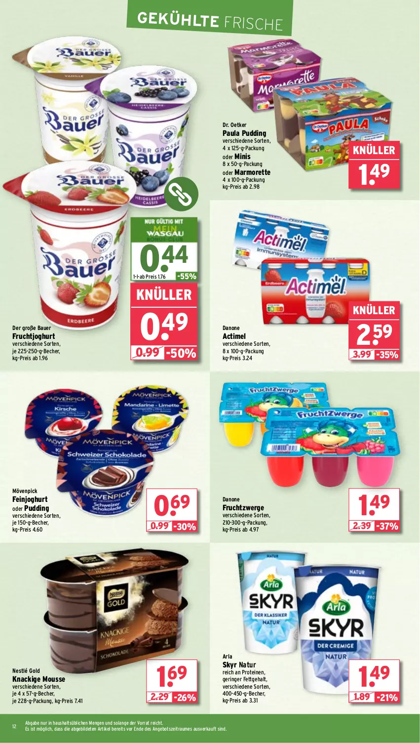 Aktueller Prospekt Wasgau - von 19.02 bis 24.02.2024 - strona 12 - produkty: actimel, angebot, arla, arla skyr, auer, Bau, Bauer, Becher, danone, danone fruchtzwerge, Dr. Oetker, eis, feinjoghurt, frucht, fruchtjoghurt, fruchtzwerge, joghur, joghurt, Knackige Mousse, marmorette, mousse, mövenpick, natur, nestlé, Paula, paula pudding, pudding, reis, ring, Skyr, Ti