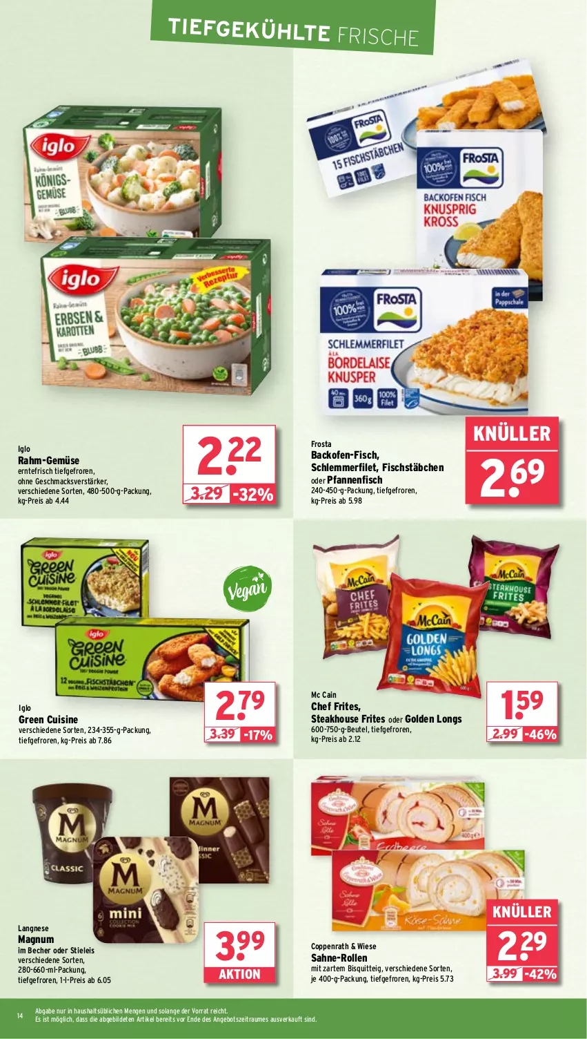 Aktueller Prospekt Wasgau - von 19.02 bis 24.02.2024 - strona 14 - produkty: angebot, backofen, Becher, beutel, coppenrath, eis, filet, fisch, fischstäbchen, frosta, Golden Longs, iglo, langnese, mac, magnum, mc cain, Ofen, pfanne, pfannen, rahm-gemüse, reis, sahne, schlemmerfilet, steak, stieleis, Ti