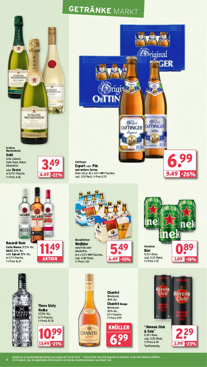 Aktueller Prospekt Wasgau - von 19.02 bis 24.02.2024 - strona 18 - produkty: alkohol, angebot, auer, bacardi, bacardi rum, Benediktiner, bier, chantré, cola, ecco, eis, flasche, getränk, getränke, Havana Club, heineken, mw-flasche, natur, oettinger, pils, reis, rouge, Rubin, rum, sekt, Three Sixty, Ti, vodka, wein, weinbrand