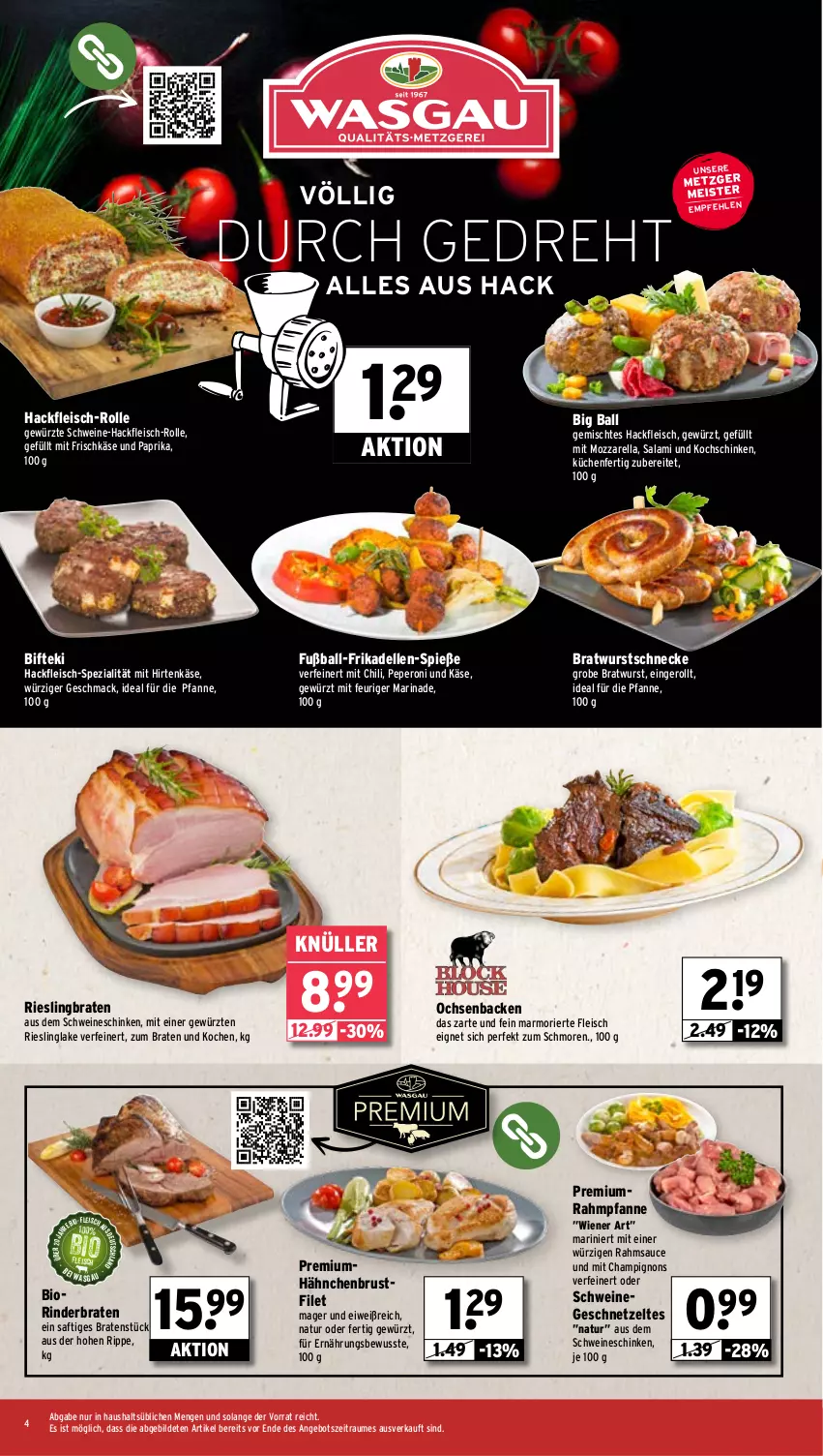 Aktueller Prospekt Wasgau - von 19.02 bis 24.02.2024 - strona 4 - produkty: angebot, ball, Bifteki, bio, braten, bratwurst, brustfilet, champignon, champignons, chili, dell, eis, elle, filet, fleisch, frikadellen, frischkäse, Fußball, geschnetzeltes, gewürz, grobe bratwurst, hackfleisch, hähnchenbrust, hähnchenbrustfilet, hirtenkäse, Käse, kochschinken, küche, Küchen, mac, marinade, Meister, mozzarella, natur, paprika, peperoni, Peroni, pfanne, rel, riesling, rind, rinder, rinderbraten, saft, salami, sauce, schinken, schwein, schweine, Spezi, Ti, wein, weine, wiener, wurst, Zelt, ZTE