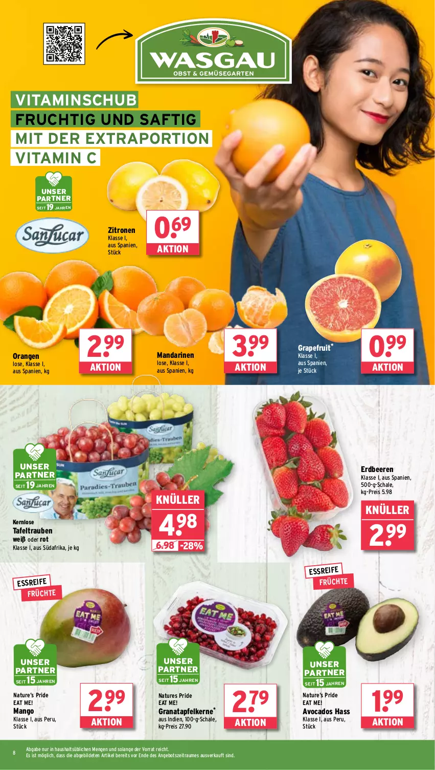 Aktueller Prospekt Wasgau - von 19.02 bis 24.02.2024 - strona 8 - produkty: angebot, apfel, avocado, avocados, beere, beeren, eis, erdbeere, erdbeeren, frucht, früchte, grana, granatapfel, granatapfelkerne, grapefruit, mandarine, mandarinen, mango, natur, orange, orangen, Rana, reis, saft, Schal, Schale, tafeltrauben, Ti, trauben, vita, Vitamin C, zitrone, zitronen