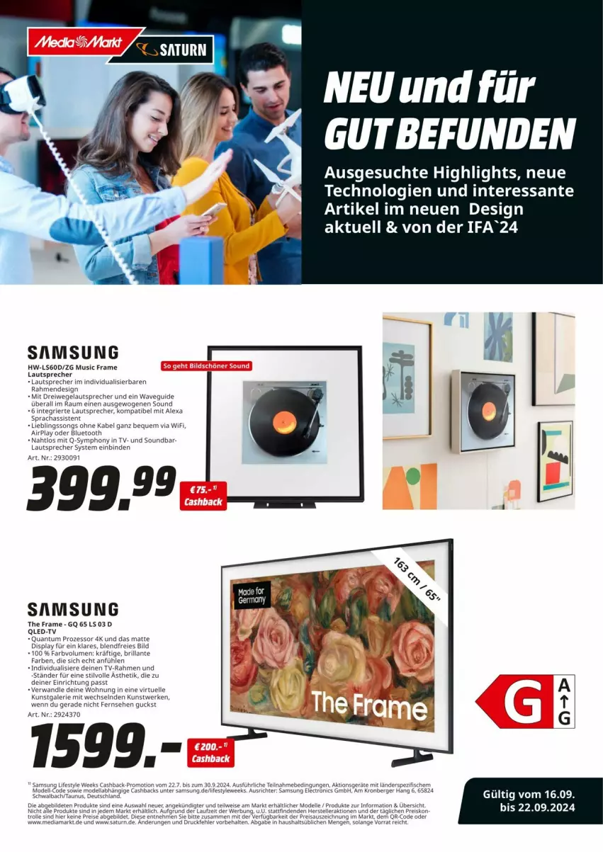 Aktueller Prospekt Media Markt - Prospekte - von 16.09 bis 23.09.2024 - strona 1 - produkty: alexa, Berger, binden, dell, eis, elle, fisch, fische, lautsprecher, Mode, qled, qled-tv, reis, sac, Samsung, SANTE, soundbar, Ti