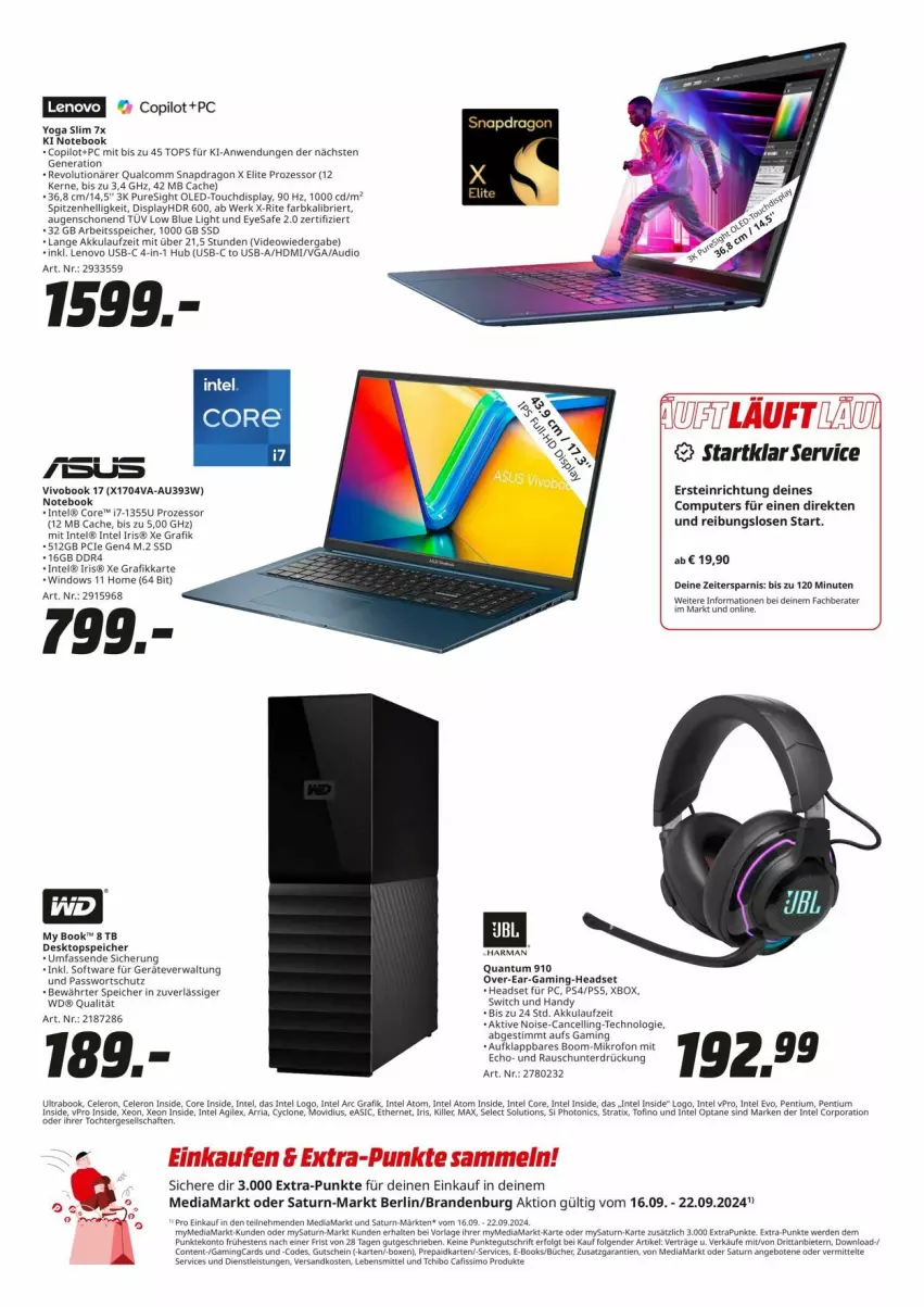 Aktueller Prospekt Media Markt - Prospekte - von 16.09 bis 23.09.2024 - strona 3 - produkty: akku, brie, Cafissimo, celeron, deo, eis, gaming-headset, Handy, harman, HDMI, Headset, Intel, lebensmittel, lenovo, LG, mediamarkt, ndk, notebook, Pentium, ps4, sim, Software, ssd, Tchibo, Ti, tonic, usb, VivoBook, Xbox, Yo