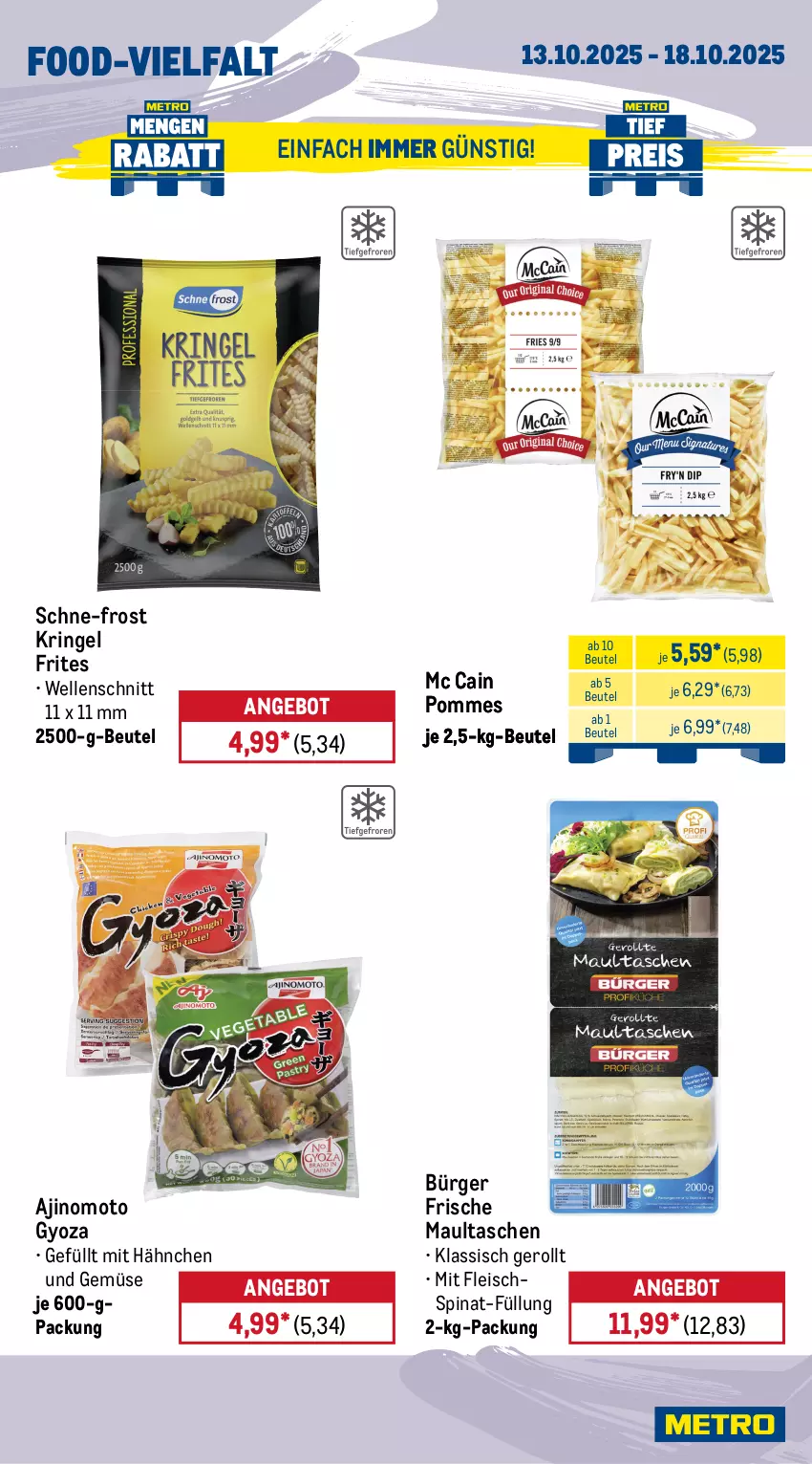 Aktueller Prospekt Metro - Wochen-Angebote Gastro - von 13.10 bis 18.10.2025 - strona 11 - produkty: angebot, bacon, beutel, brot, cheddar, eis, elle, fleisch, gouda, hinterkochschinken, kochschinken, mac, maultaschen, mc cain, milch, milram, mozzarella, pommes, reis, rel, ring, schinken, schnitten, spinat, Tasche, taschen, Ti, tiefpreis, und gemüse, würfel, Yo