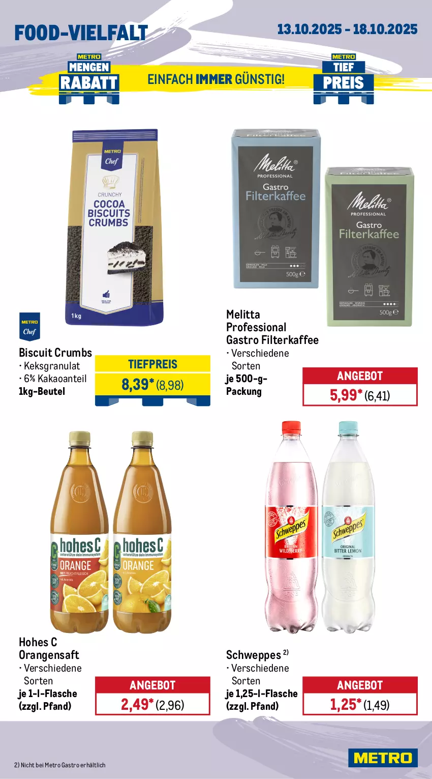 Aktueller Prospekt Metro - Wochen-Angebote Gastro - von 13.10 bis 18.10.2025 - strona 15 - produkty: angebot, barilla, bertolli, beutel, eis, filterkaffee, flasche, gin, Hohes C, homann, kaffee, kakao, keks, mayonnaise, melitta, Metro, metro gastro, nadler, olive, oliven, olivenöl, olivenöl extra, orange, orangen, orangensaft, pasta, perla, reis, remoulade, rum, saft, salat, schweppes, Ti, tiefpreis, tomate, tomaten, würfel, Yo