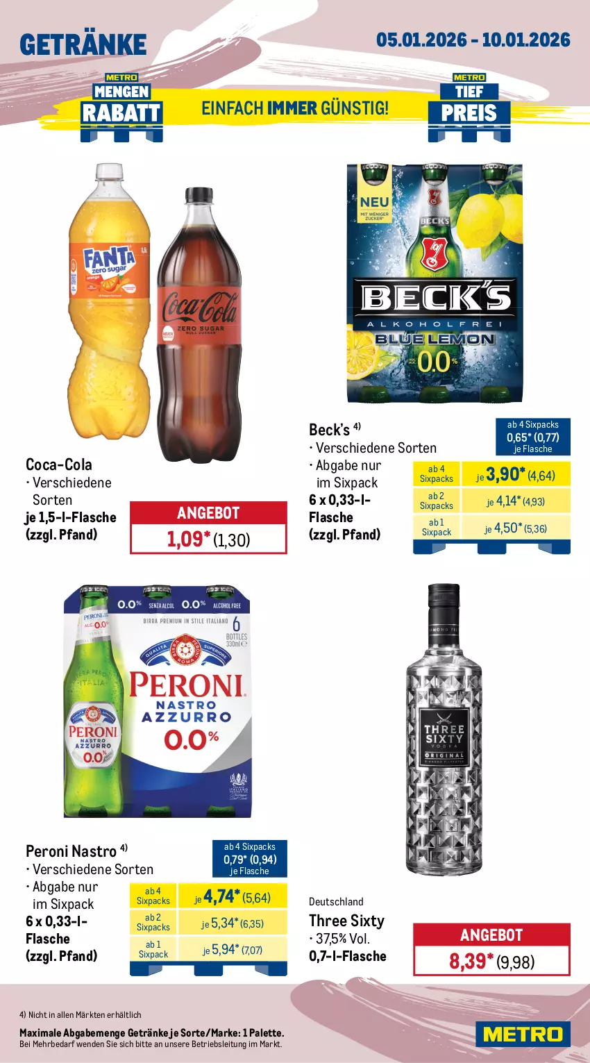 Aktueller Prospekt Metro - Wochen-Angebote - Seite 24 - von 05.01 bis 10.01.2026 - strona 15 - produkty: Alwa, angebot, beutel, bohne, classico, coca-cola, cola, espresso, flasche, gerolsteine, gerolsteiner, getränk, getränke, gin, jacobs, mars, Metro, mineralwasser, Palette, Peroni, steiner, Three Sixty, Ti, wasser