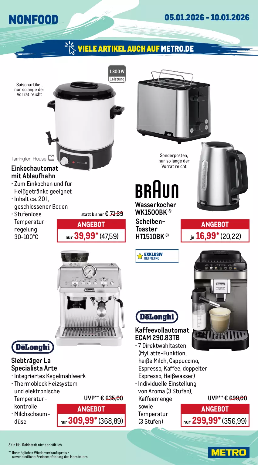 Aktueller Prospekt Metro - Wochen-Angebote - Seite 24 - von 05.01 bis 10.01.2026 - strona 21 - produkty: angebot, aufschnitt, auto, Cap, cappuccino, cin, eis, Elektro, elle, espresso, garraum, getränk, getränke, grill, handmixer, kaffee, kaffeevollautomat, Kocher, küche, Küchen, küchenmaschine, latte, messer, Metro, mikrowelle, milch, Mixer, reis, schinken, schoko, schokolade, sonderposten, stabmixer, teller, Ti, toast, toaster, Waage, wasser, wasserkocher