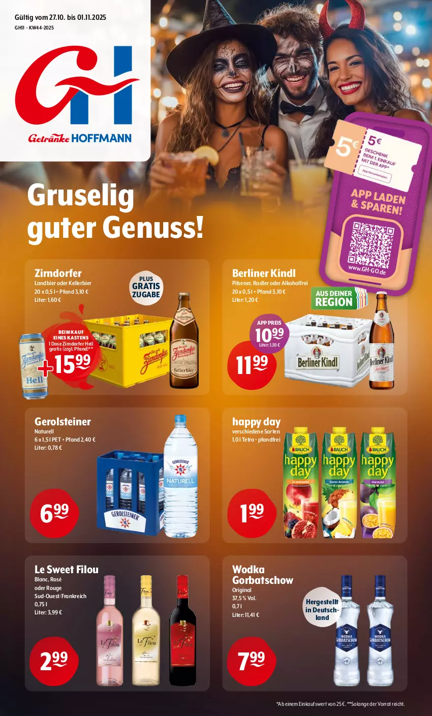 Aktueller Prospekt Getraenke Hoffmann - Prospekte - von 27.10 bis 01.11.2025 - strona 1 - produkty: alkohol, berliner, berliner kindl, bier, eis, elle, gerolsteine, gerolsteiner, gin, Gorbatschow, Happy Day, kellerbier, natur, nuss, pils, pilsener, radler, reis, rel, rouge, steiner, Ti, wodka