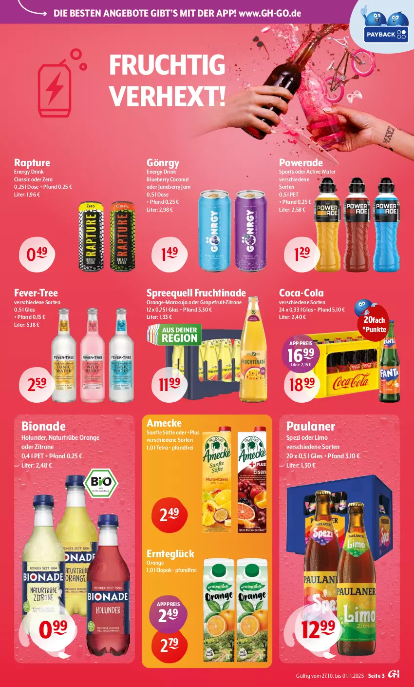 Aktueller Prospekt Getraenke Hoffmann - Prospekte - von 27.10 bis 01.11.2025 - strona 3 - produkty: amecke, angebot, angebote, bio, bionade, blueberry, coca-cola, coconut, cola, drink, eis, energy drink, fever-tree, frucht, grapefruit, holunder, limo, maracuja, natur, orange, Paula, paulaner, reis, säfte, Spezi, Sport, Spreequell, Ti, zitrone