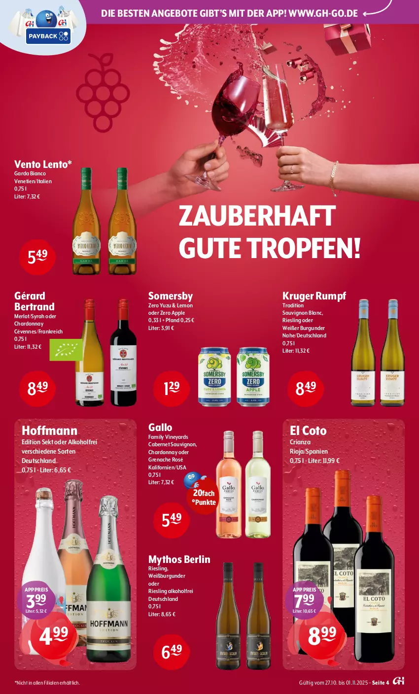 Aktueller Prospekt Getraenke Hoffmann - Prospekte - von 27.10 bis 01.11.2025 - strona 4 - produkty: alkohol, angebot, angebote, Apple, burgunder, cabernet, cabernet sauvignon, chardonnay, eis, gallo, gallo family, merl, merlot, Mythos, reis, Ria, riesling, rioja, rum, sauvignon, sauvignon blanc, sekt, somersby, Ti, Weißburgunder