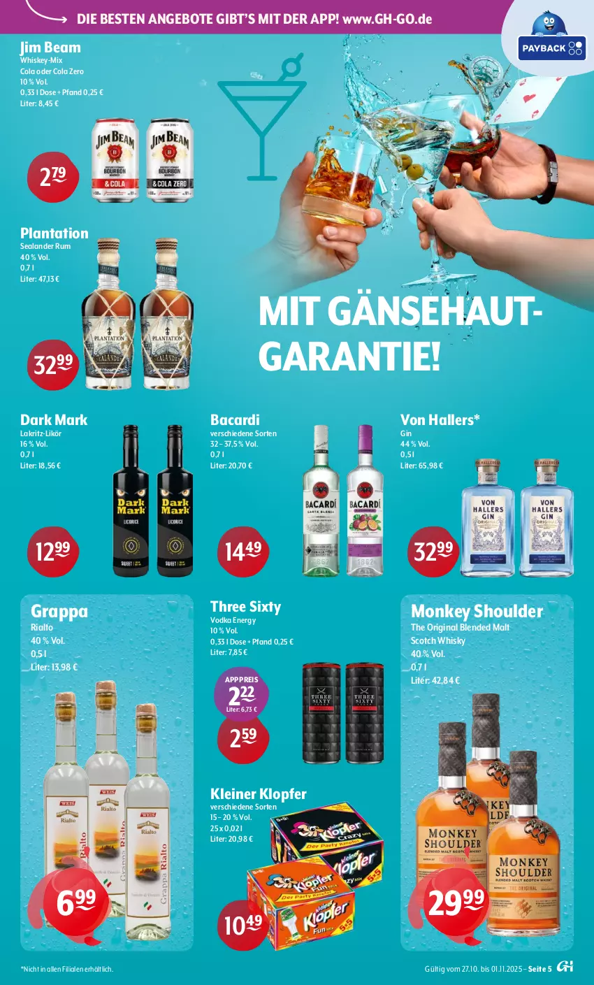 Aktueller Prospekt Getraenke Hoffmann - Prospekte - von 27.10 bis 01.11.2025 - strona 5 - produkty: angebot, angebote, bacardi, cola, eis, gin, grappa, jim beam, kleiner klopfer, Lakritz, leine, likör, reis, Ria, rum, scotch, scotch whisky, Three Sixty, Ti, vodka, whiskey, whisky