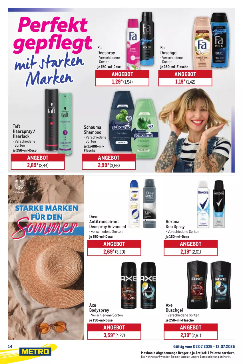Aktueller Prospekt Metro - Starke Marken - von 07.07 bis 12.07.2025 - strona 14 - produkty: angebot, Antitranspirant, arla, axe, axe duschgel, body, bodyspray, deo, deo spray, deospray, dove, duschgel, fa duschgel, flasche, Haarlack, haarspray, lack, Palette, rexona, schauma, schauma shampoo, shampoo, Taft, Ti