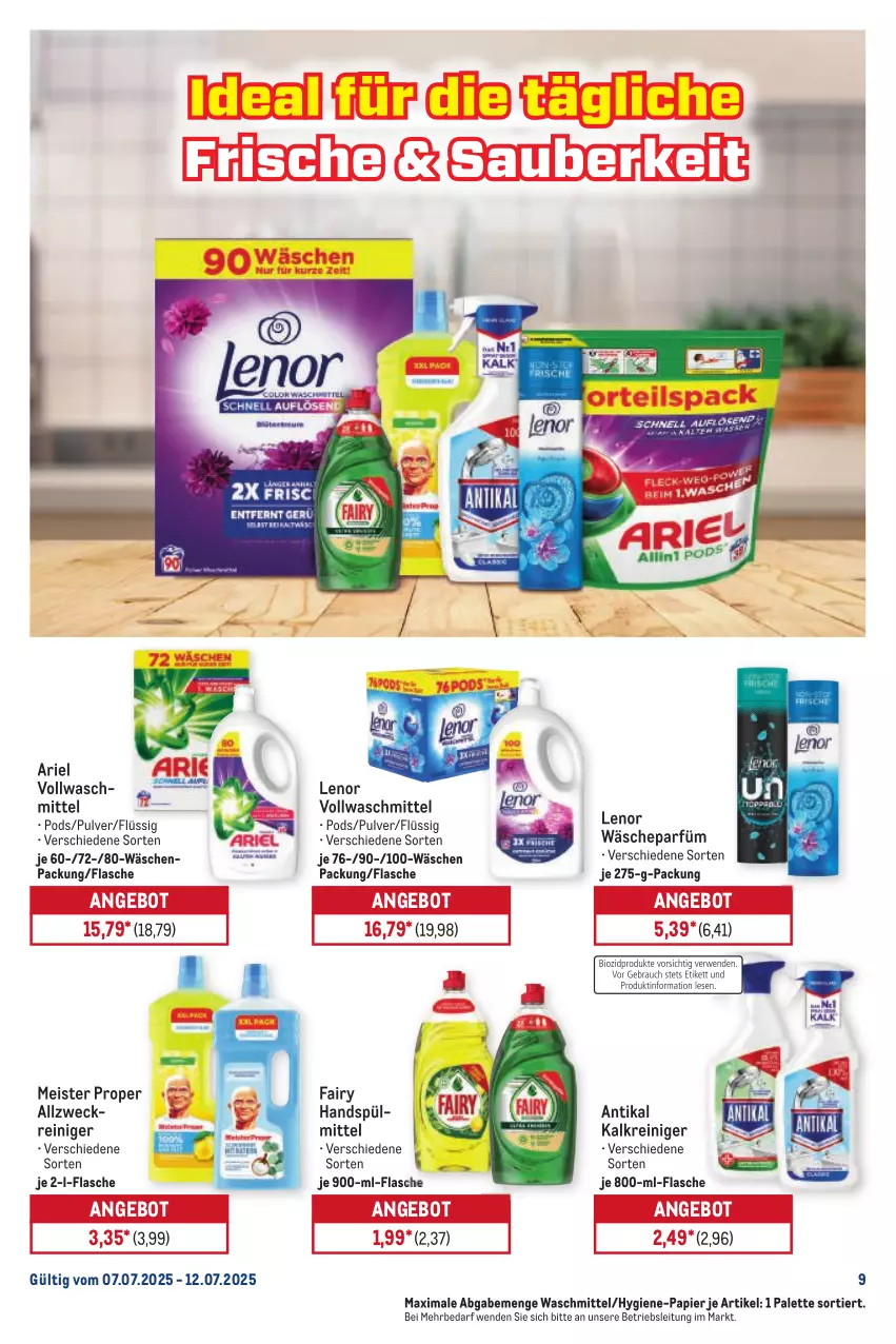 Aktueller Prospekt Metro - Starke Marken - von 07.07 bis 12.07.2025 - strona 9 - produkty: allzweckreiniger, angebot, ariel, eis, fairy, flasche, Kalkreiniger, lenor, Meister, meister proper, Palette, papier, Pods, reiniger, spülmittel, Ti, vollwaschmittel, wäscheparfüm, waschmittel, weck