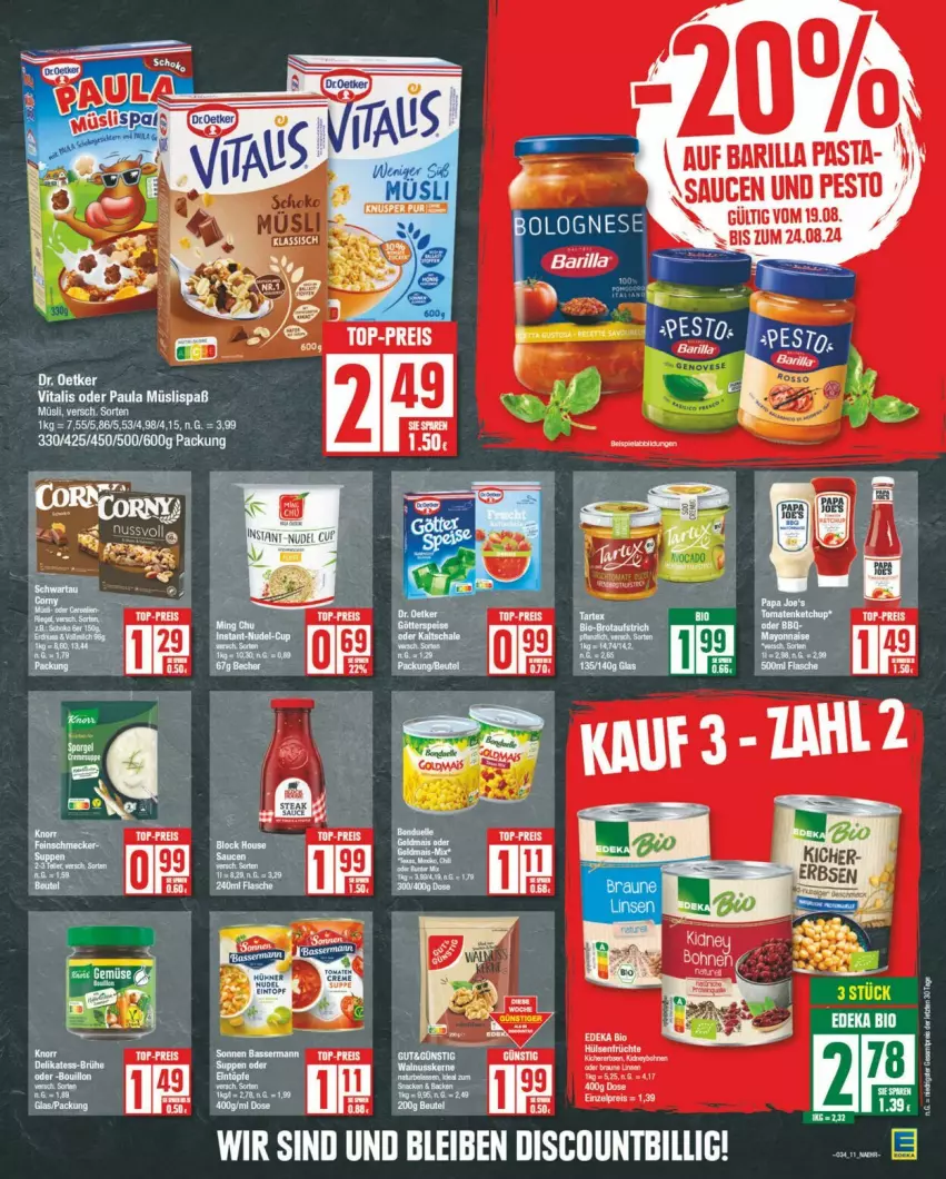 Aktueller Prospekt Edeka - Prospekte - von 17.08 bis 24.08.2024 - strona 11 - produkty: barilla, bio, Brühe, deka, edeka bio, müsli, pasta, Paula, pesto, sauce, saucen, Ti, Yo