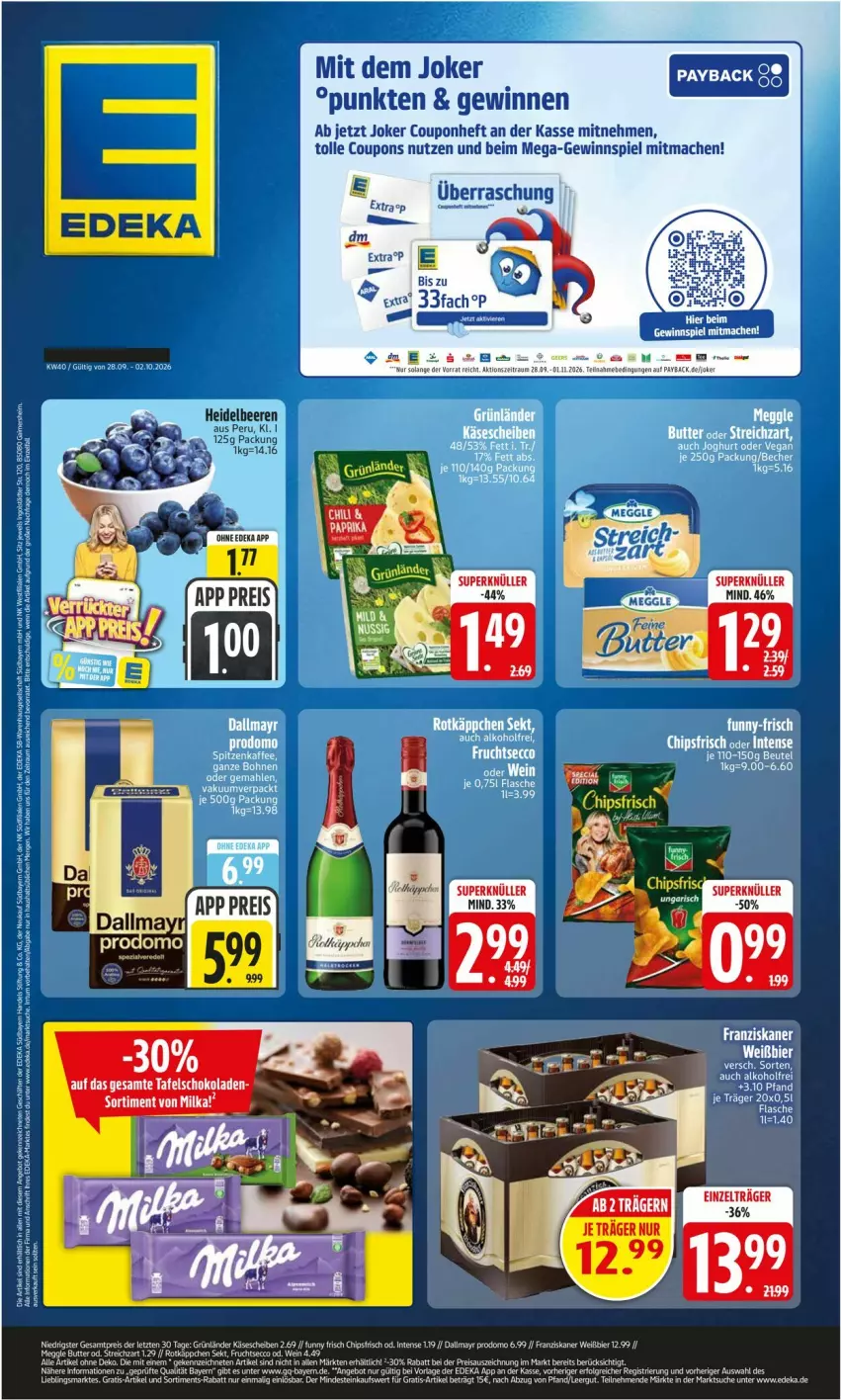 Aktueller Prospekt Edeka - Prospekte - von 28.09 bis 02.10.2026 - strona 1 - produkty: beere, beeren, chips, coupon, coupons, eier, eis, heidelbeere, heidelbeeren, Käse, käsescheiben, mac, milka, reis, schoko, schokolade, schokoladen, tafelschokolade, tee, Ti