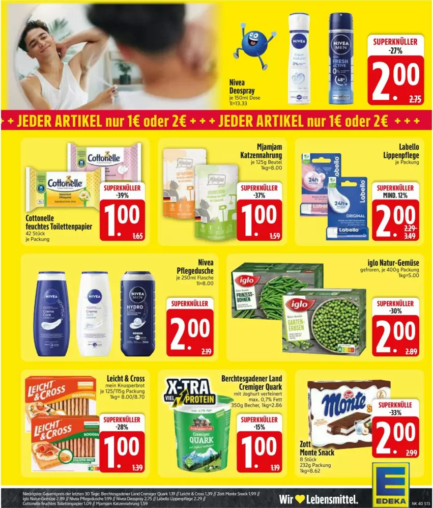 Aktueller Prospekt Edeka - Prospekte - von 28.09 bis 02.10.2026 - strona 15 - produkty: beutel, brot, cottonelle, deo, deospray, dusche, elle, feuchtes toilettenpapier, flasche, iglo, joghur, joghurt, katzennahrung, Labello, lebensmittel, Lippenpflege, monte, natur, nivea, papier, pflegedusche, quark, snack, toilettenpapier, zott, Zott Monte