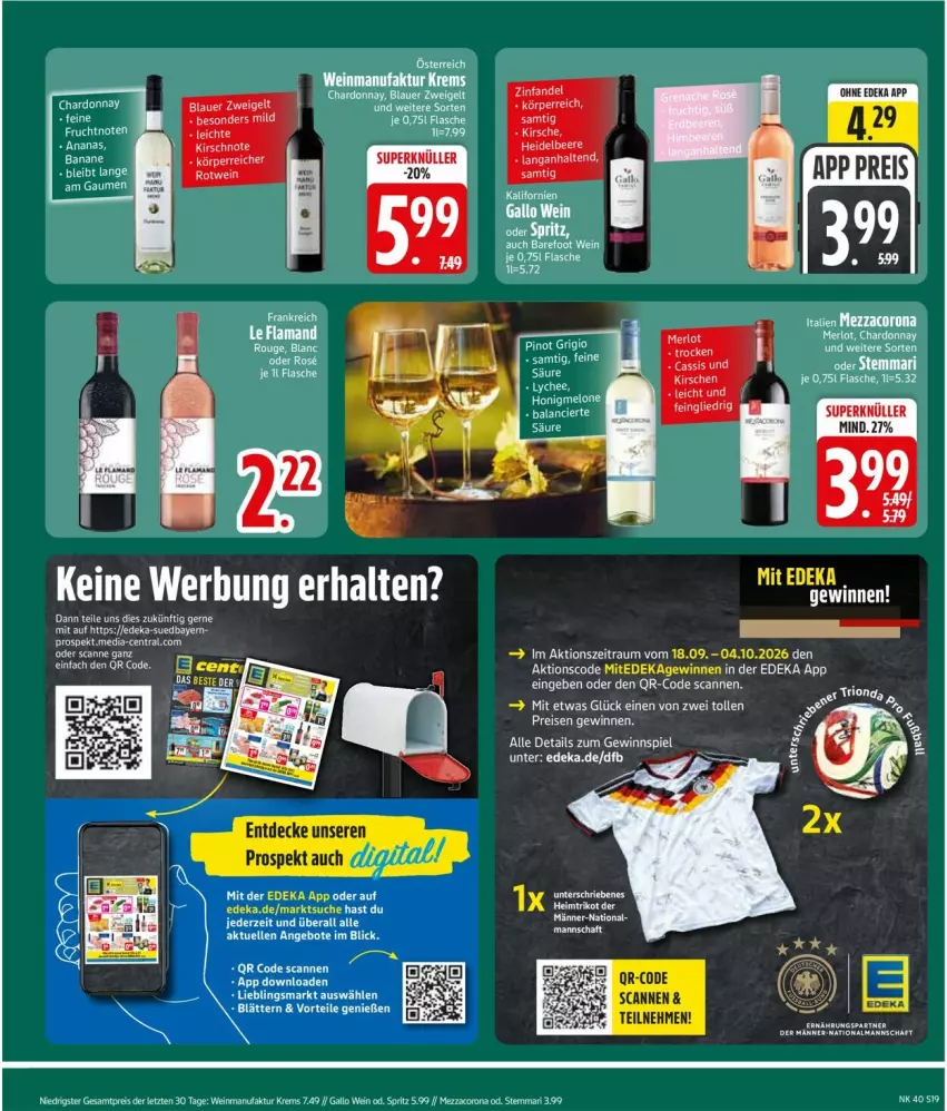 Aktueller Prospekt Edeka - Prospekte - von 28.09 bis 02.10.2026 - strona 21 - produkty: angebot, angebote, banane, chardonnay, corona, deka, eier, eis, elle, ente, Faktu, flasche, frucht, gallo, gewinnspiel, mezzacorona, Pinot, pinot grigio, reis, tee, Ti, Trikot, uhr, wein, ZTE