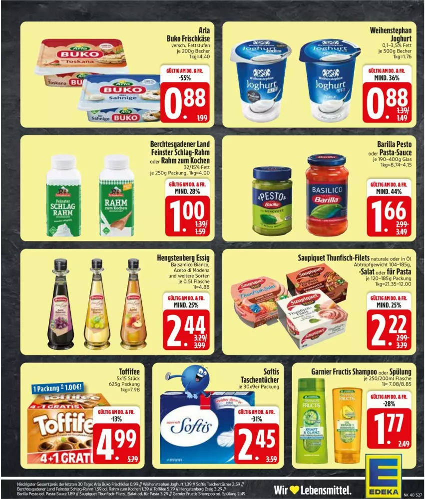 Aktueller Prospekt Edeka - Prospekte - von 28.09 bis 02.10.2026 - strona 31 - produkty: aceto, arla, arla buko, balsam, balsamico, balsamico bianco, barilla, Becher, Buko, essig, fisch, flasche, frischkäse, fructis, garnier, hengstenberg, joghur, joghurt, Käse, lebensmittel, Mode, natur, natura, pasta, pasta-sauce, pesto, salat, sauce, saupiquet, spülung, Tasche, taschen, taschentücher, thunfisch, Ti, toffifee, tücher, weihenstephan