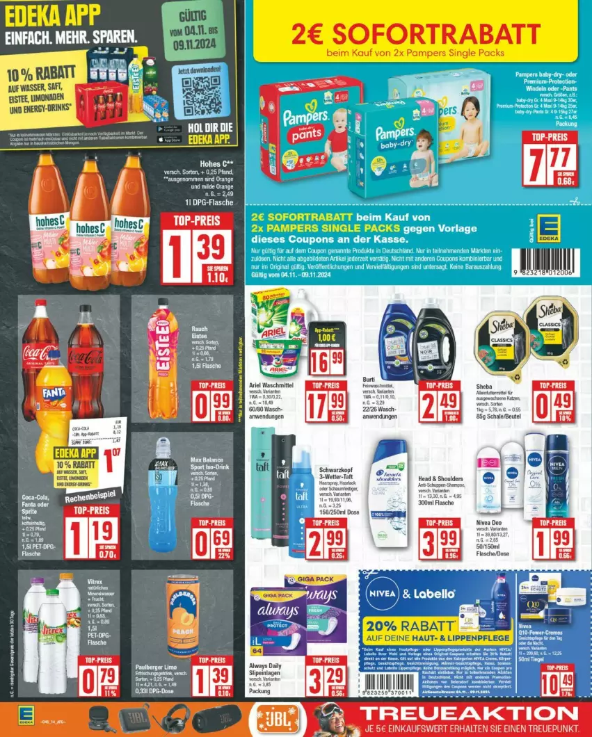 Aktueller Prospekt Edeka - Prospekte - von 04.11 bis 09.11.2024 - strona 14 - produkty: Alwa, Always, deo, drink, drinks, eis, eistee, flasche, LG, nivea, pampers, reis, saft, sim, slip, slipeinlagen, sofortrabatt, tee, Ti, top-preis, wasser