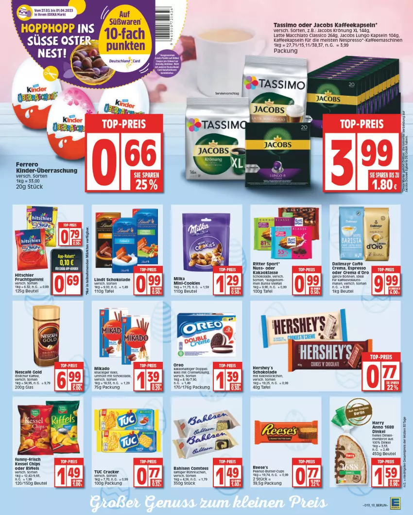 Aktueller Prospekt Edeka - Angebote der Woche - von 27.03 bis 01.04.2023 - strona 13 - produkty: ACC, auto, bahlsen, beutel, bohne, bohnen, brot, butter, caffe, chips, classico, comtess, cookie, cookies, cracker, creme, dallmayr, eis, elle, espresso, ferrero, frucht, fruchtgummi, funny-frisch, hitschler, jacobs, jacobs krönung, kaffee, kaffeekapseln, kaffeemaschine, kakao, keks, Kinder, kuchen, latte, lindt, löslicher kaffee, lungo, mac, mehl, mikado, milka, nespresso, nuss, oder jacobs, oreo, Reese's, reis, ritter, ritter sport, saft, schoko, schokolade, sim, Sport, tassimo, Ti, tuc, ZTE