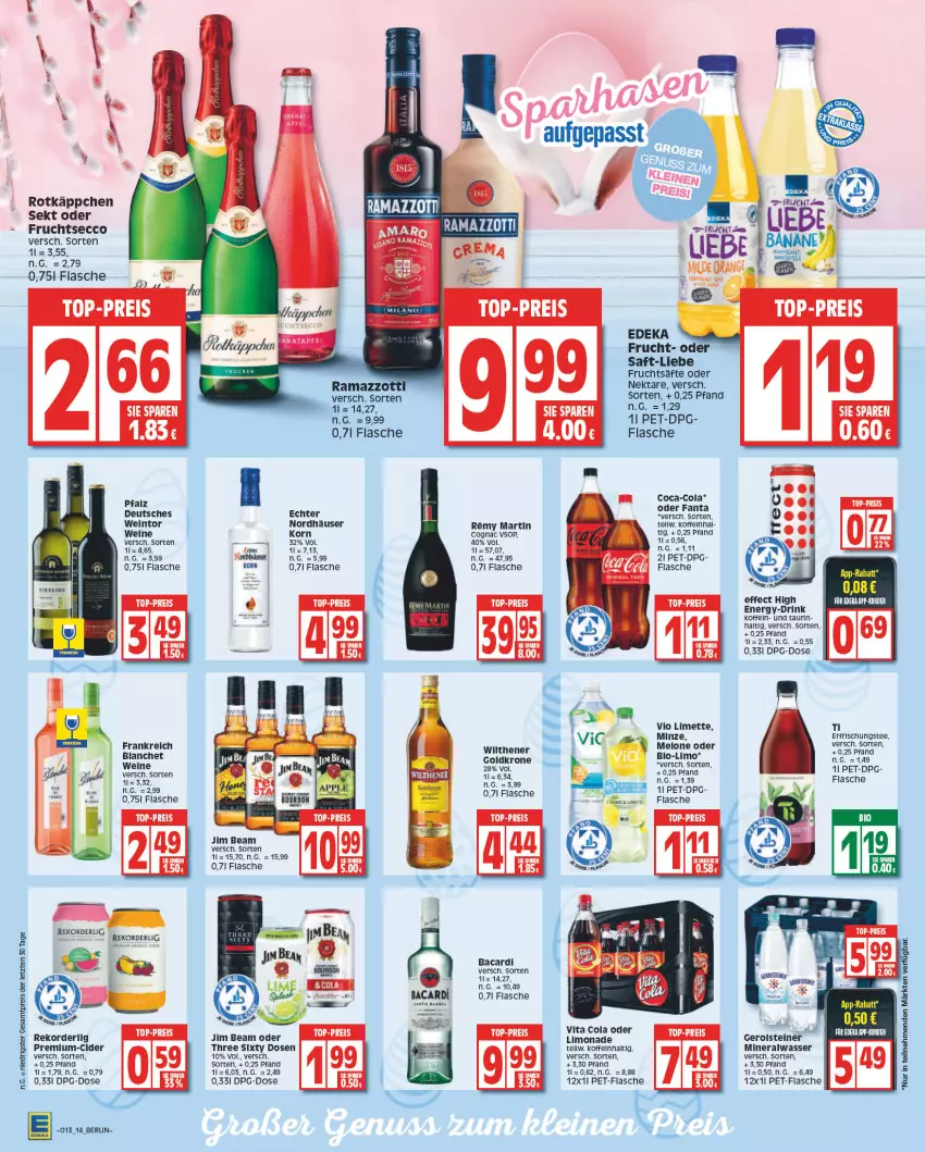 Aktueller Prospekt Edeka - Angebote der Woche - von 27.03 bis 01.04.2023 - strona 14 - produkty: Alwa, bacardi, banane, cider, coca-cola, Cognac, cola, deka, drink, ecco, Effect, eis, fanta, flasche, frucht, fruchtsäfte, fruchtsecco, gerolsteine, gerolsteiner, goldkrone, jim beam, korn, krone, limette, limo, melone, Mett, mineralwasser, minze, Nektar, pet-flasche, reis, Remy Martin, rotkäppchen, saft, säfte, sekt, steiner, tee, Three Sixty, Ti, top-preis, wasser, wein, weine, ZTE