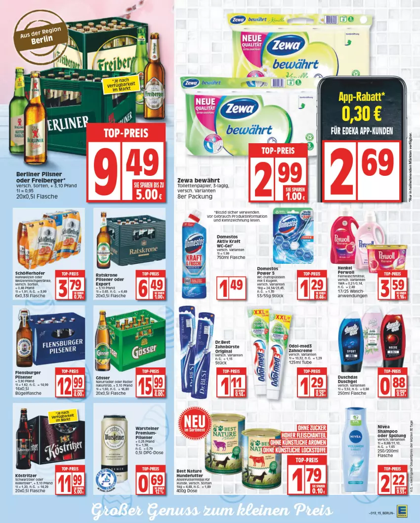 Aktueller Prospekt Edeka - Angebote der Woche - von 27.03 bis 01.04.2023 - strona 15 - produkty: alleinfuttermittel, arla, Berger, berliner, bio, bügel, bügelflasche, burger, bürste, creme, domestos, duschdas, duschgel, eis, elle, feinwaschmittel, flasche, flensburger, Freiberger, getränk, getränke, gin, Hefe, hefeweizen, henkel, köstritzer, kraft, krone, Kugel, natur, nivea, oder radler, Odol, perwoll, pils, pilsener, pilsner, radler, Rauch, reis, rwe, schöfferhofer, shampoo, shampoo oder spülung, spülung, steiner, Ti, warsteiner, waschmittel, zahnbürste, zahncreme, zewa, ZTE