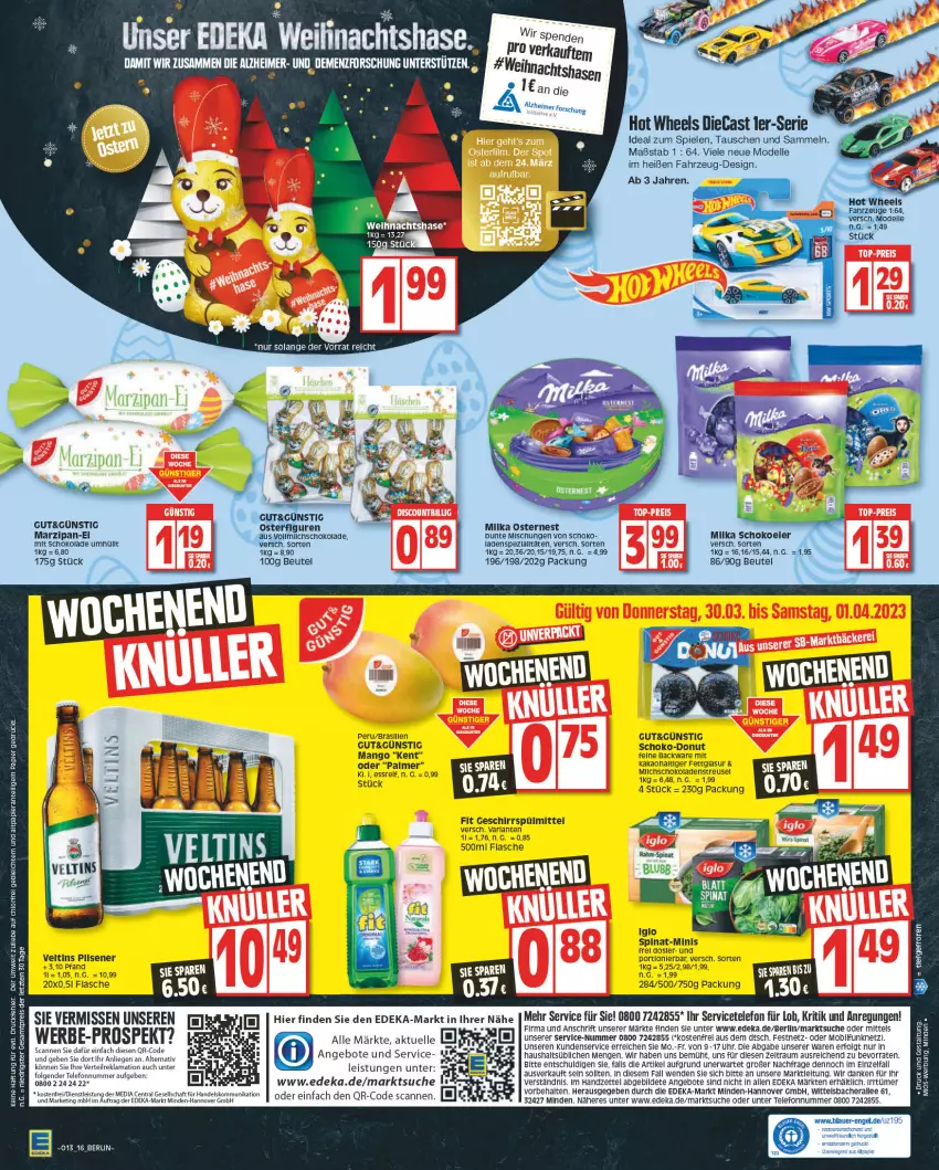 Aktueller Prospekt Edeka - Angebote der Woche - von 27.03 bis 01.04.2023 - strona 16 - produkty: angebot, angebote, arla, auer, beutel, deka, dell, Donut, eier, eis, elle, Engel, flasche, geschirr, geschirrspülmittel, Hot Wheels, kakao, LG, Liege, lion, mango, marzipan, milka, Mode, papier, reis, rel, schoko, schokolade, Spiele, spinat, spülmittel, telefon, Ti, uhr, veltins, ZTE