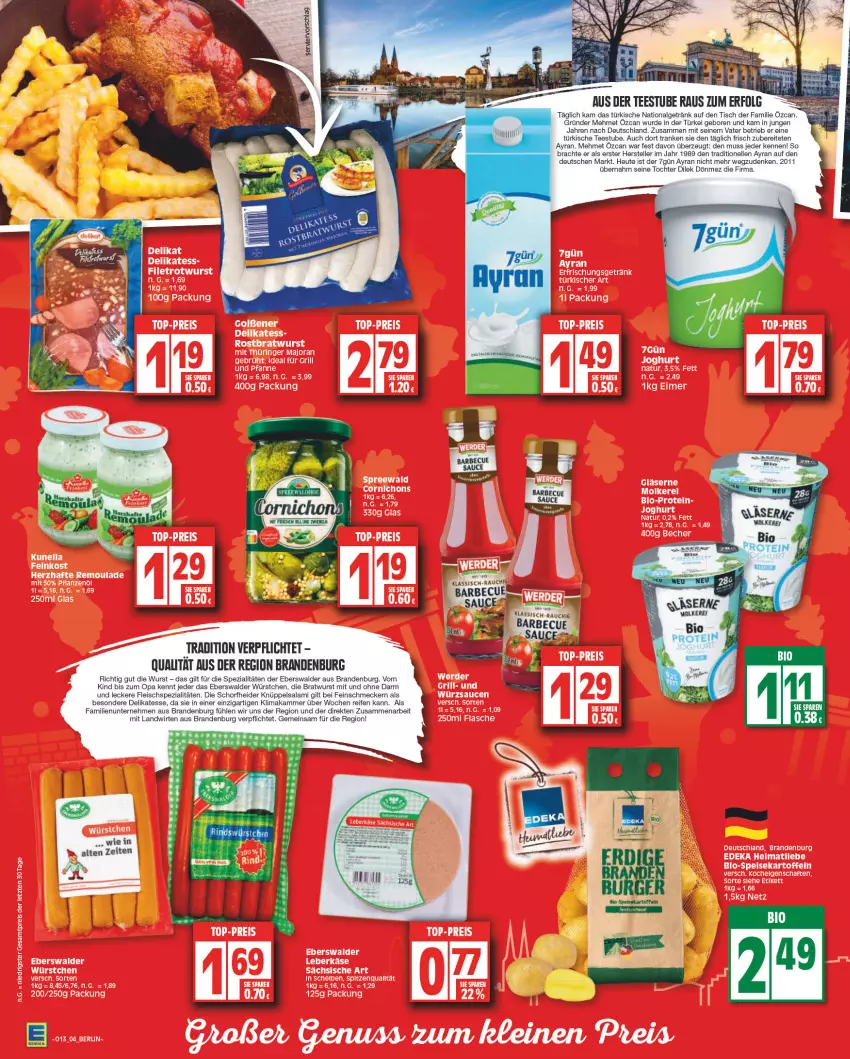 Aktueller Prospekt Edeka - Angebote der Woche - von 27.03 bis 01.04.2023 - strona 4 - produkty: Ayran, barbecue, bio, bratwurst, eis, elle, erde, feinschmecker, fleisch, getränk, Heu, LG, reifen, salami, Spezi, stube, tee, teller, Ti, tisch, wurst, würstchen