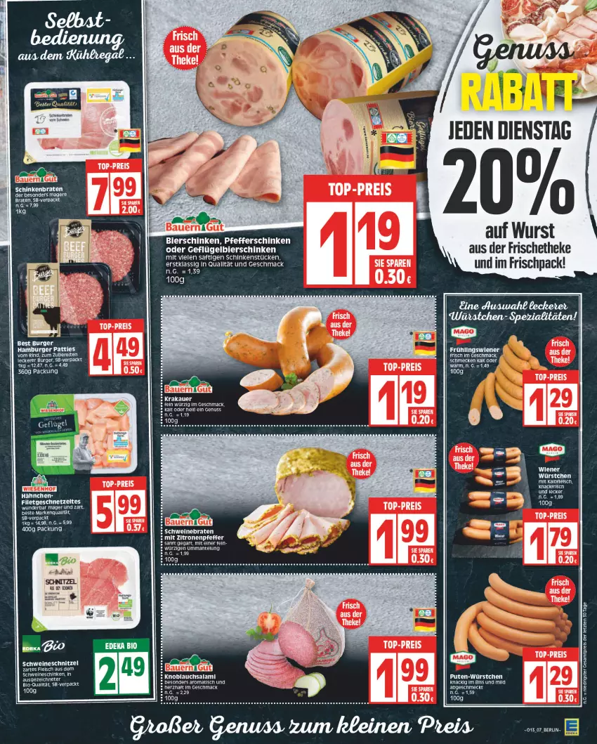 Aktueller Prospekt Edeka - Angebote der Woche - von 27.03 bis 01.04.2023 - strona 7 - produkty: auer, bier, bierschinken, bio, braten, burger, eis, filet, Geflügel, geschnetzeltes, gsw, hamburger, HP, Kette, krakauer, leine, LG, mac, Mantel, nuss, pfeffer, pute, reis, rind, saft, schinken, schinkenbraten, schwein, schweine, tee, Ti, tisch, wein, weine, wiener, wurst, würstchen, Zelt, zitrone, zitronen, ZTE