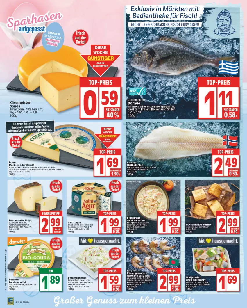 Aktueller Prospekt Edeka - Angebote der Woche - von 27.03 bis 01.04.2023 - strona 8 - produkty: auer, Bau, Bauer, bier, braten, Dorade, eis, emmentaler, fisch, frischkäse, frucht, garnelen, gouda, grill, gurke, gurken, hartkäse, ideal zum braten, karotten, Käse, Krebs, mac, matjes, Meister, Morbier, pflanze, pflanzen, Rauch, reis, rel, riesengarnelen, saft, Saint Agur, salat, sauce, Schal, Schale, schnittkäse, schweizer hartkäse, Spezi, tee, Ti, tisch, tomate, tomaten, urtyp, ZTE