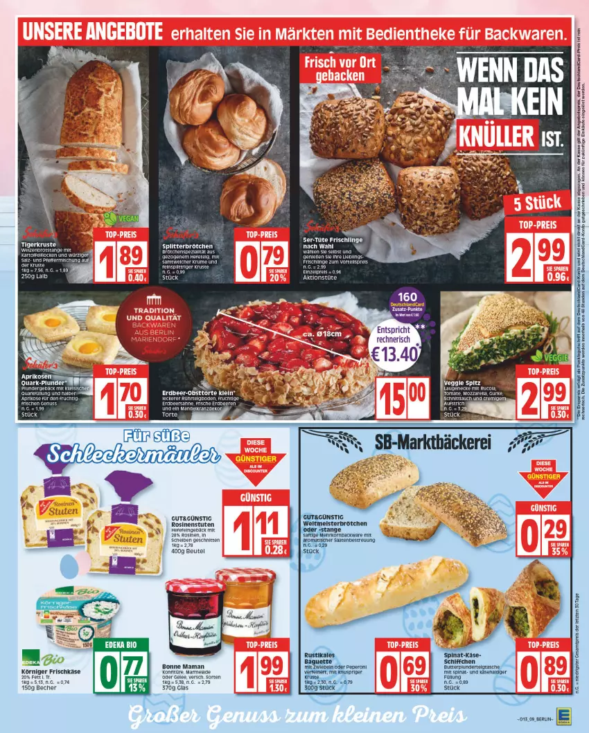 Aktueller Prospekt Edeka - Angebote der Woche - von 27.03 bis 01.04.2023 - strona 9 - produkty: angebot, angebotspreis, aprikose, aprikosen, aufstrich, Becher, beere, beeren, beutel, bonne maman, brot, brötchen, butter, cola, deutschlandcard, eis, erdbeere, erdbeeren, erde, frischkäse, frischli, frucht, gelee, gurke, Hefe, kartoffel, Käse, konfitüre, korn, Körniger Frischkäse, Kranz, Laugeneck, LG, mam, mandel, marmelade, mozzarella, nuss, obst, pfeffer, Plunder, quark, reis, rel, rucola, salz, Schiffchen, schnitten, schnittlauch, spinat, Tasche, Ti, tomate, torte, Tüte, ZTE