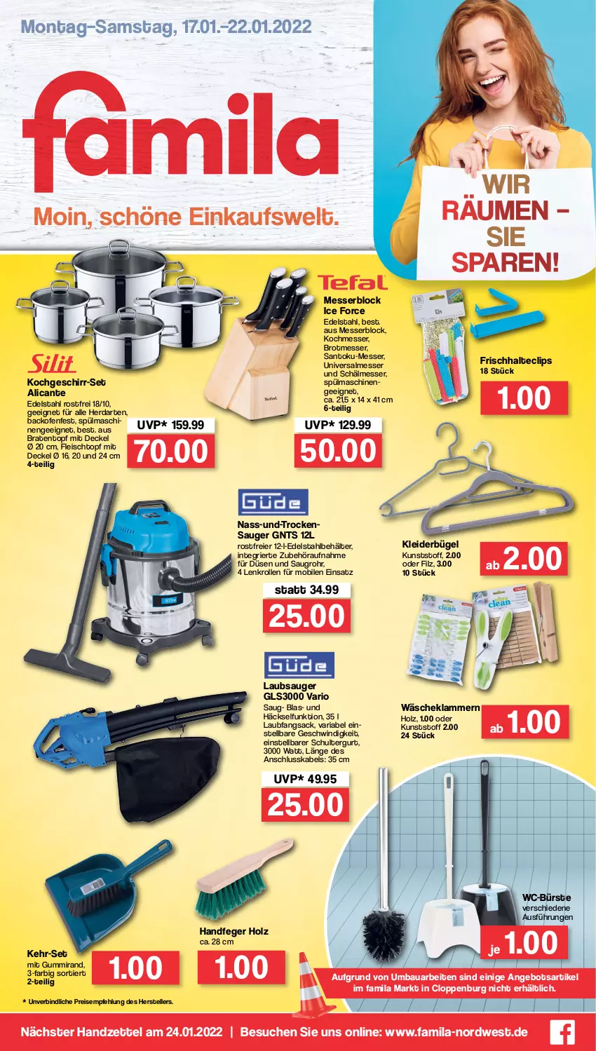 Aktueller Prospekt Famila - Prospekte - von 17.01 bis 22.01.2022 - strona 1 - produkty: angebot, backofen, Bau, Behälter, braten, Bratentopf, brot, bügel, bürste, decke, Deckel, edelstahl, eier, eis, elle, fleisch, Fleischtopf, geschirr, Geschirr-Set, herdarten, Holz, Klammern, kleid, kleider, kleiderbügel, lamm, Laubsauger, messer, messerblock, Ofen, reis, Ria, sac, schultergurt, spülmaschinen, teller, Ti, topf, Trockensauger, WC-Bürste