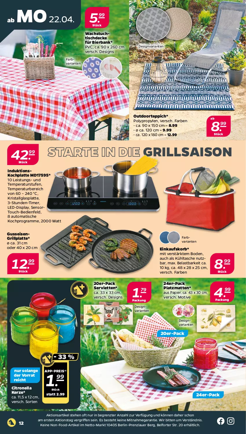 Aktueller Prospekt Netto - Woche 17 - von 22.04 bis 27.04.2024 - strona 12 - produkty: auer, auto, Bank, bier, decke, einkaufskorb, eis, glasplatte, grill, grillplatte, HP, kerze, korb, kühltasche, latte, LG, papier, reis, Ria, Serviette, servietten, Tasche, teppich, Ti, timer, tisch, tischdecke, tuc, wachstuch, ZTE