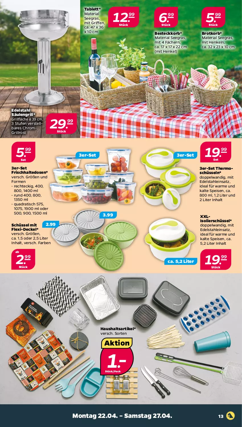 Aktueller Prospekt Netto - Woche 17 - von 22.04 bis 27.04.2024 - strona 13 - produkty: besteck, brot, Brotkorb, decke, Deckel, edelstahl, eis, frischhaltedosen, grill, grillfläche, grillrost, henkel, korb, quad, Ria, Säulengrill, schüssel, tablet, tablett, Ti, tisch