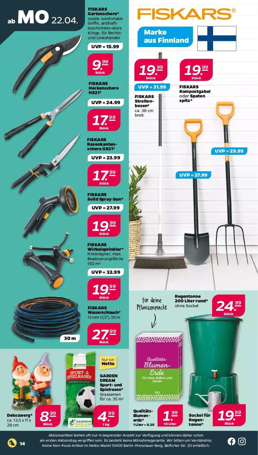 Aktueller Prospekt Netto - Woche 17 - von 22.04 bis 27.04.2024 - strona 14 - produkty: auer, blume, blumen, blumenerde, Brei, eis, erde, fiskars, gabel, Garten, Gartenschere, heckenschere, pflanze, pflanzen, rasen, reis, Schere, schlauch, Spaten, Sport, Ti, wasser, Wasserschlauch, ZTE