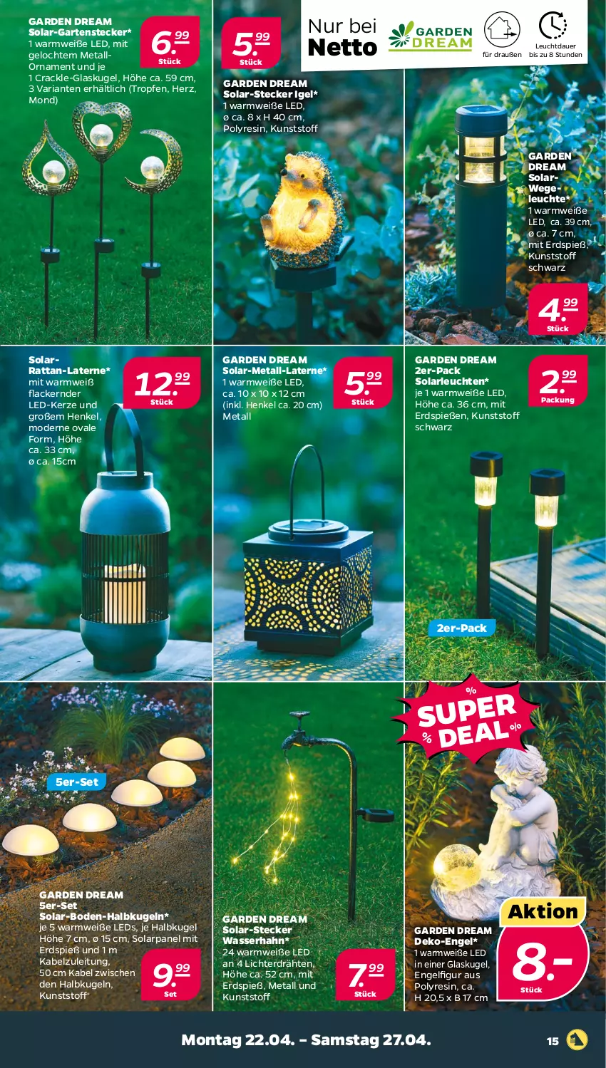 Aktueller Prospekt Netto - Woche 17 - von 22.04 bis 27.04.2024 - strona 15 - produkty: auer, Engel, Garten, Glaskugel, henkel, kerze, Kugel, lack, Lacke, laterne, LED-Kerze, leds, Leuchte, leuchten, Mode, Ria, rwe, solarleuchte, Ti, wasser