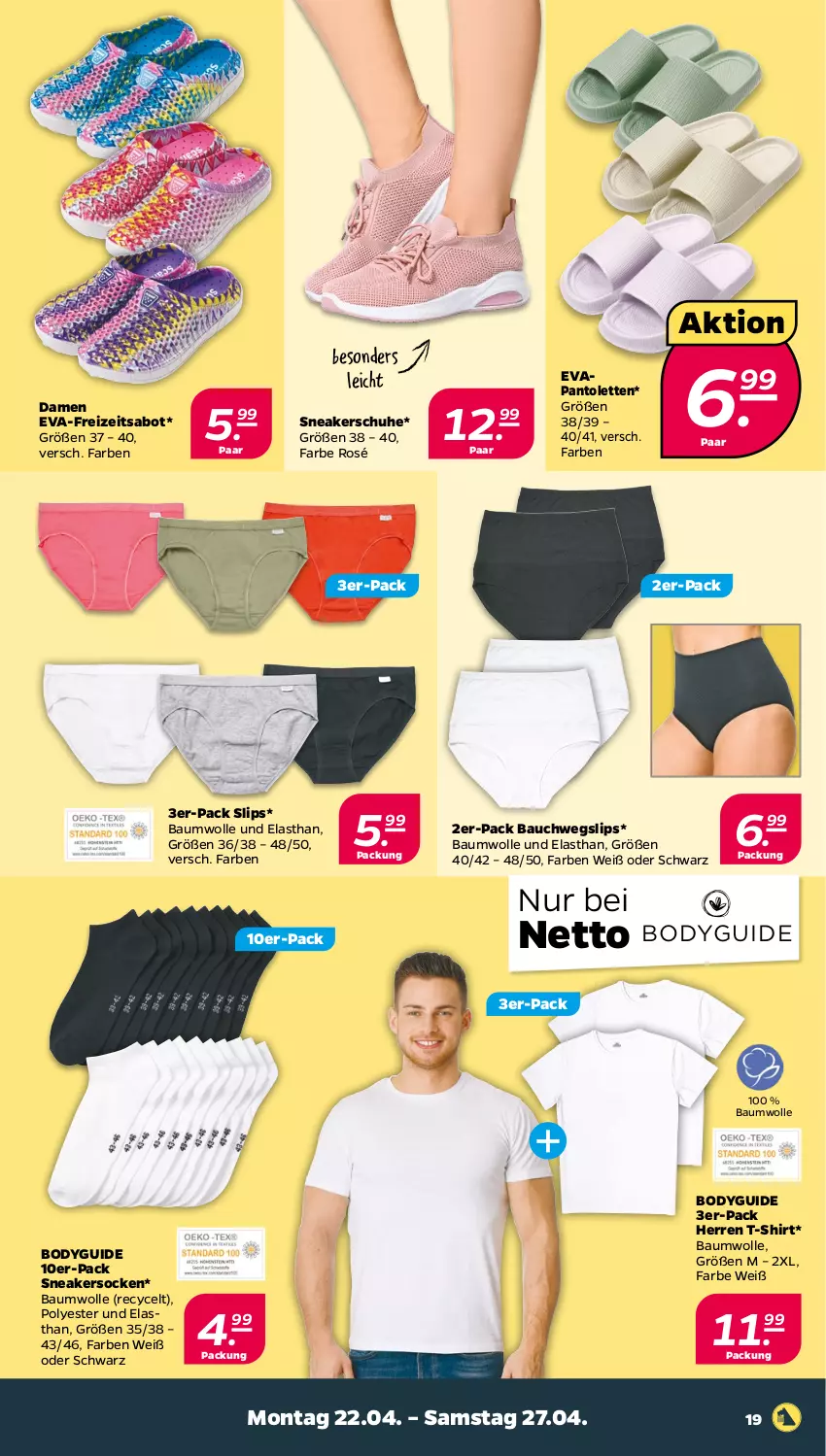 Aktueller Prospekt Netto - Woche 17 - von 22.04 bis 27.04.2024 - strona 19 - produkty: Bau, baumwolle, body, pantolette, pantoletten, schuhe, shirt, slip, slips, sneaker, sneakersocken, socken, T-Shirt, Ti, wolle