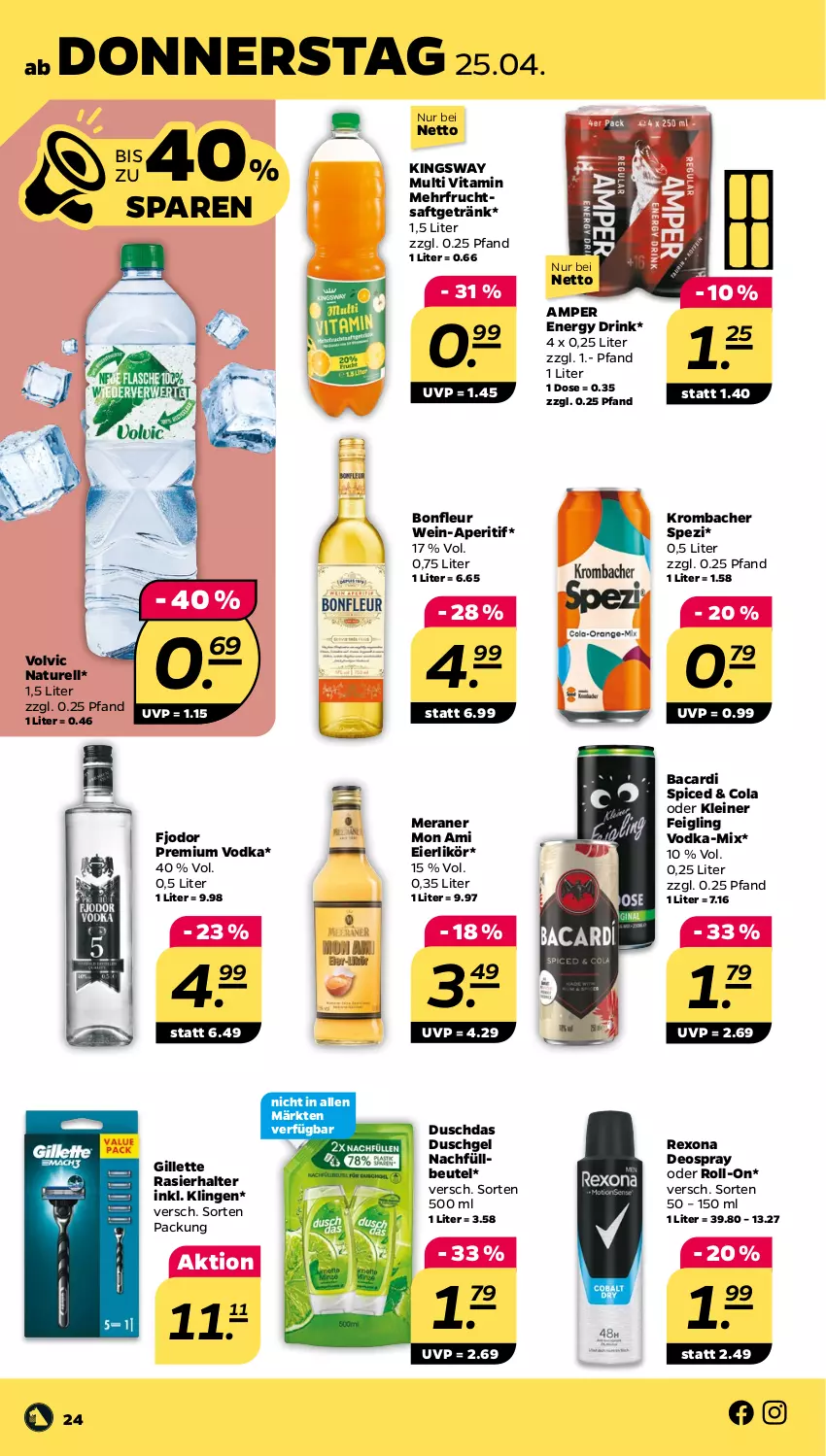 Aktueller Prospekt Netto - Woche 17 - von 22.04 bis 27.04.2024 - strona 24 - produkty: aperitif, bacardi, beutel, cola, deo, deospray, drink, duschdas, duschgel, eier, eierlikör, energy drink, frucht, fruchtsaft, fruchtsaftgetränk, getränk, gillette, gsw, kleiner feigling, krombache, krombacher, leine, likör, natur, premium vodka, rel, rexona, roll-on, saft, Spezi, Ti, vita, vodka, volvic, wein