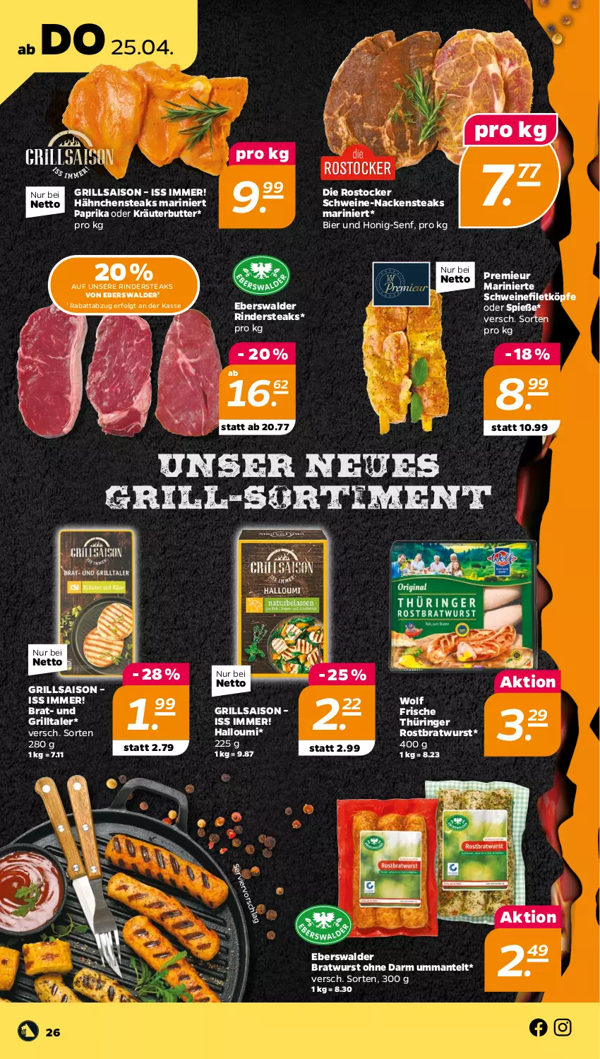 Aktueller Prospekt Netto - Woche 17 - von 22.04 bis 27.04.2024 - strona 26 - produkty: bier, bratwurst, butter, filet, grill, Hähnchensteak, hähnchensteaks, Halloumi, honig, Honig-Senf, kräuter, kräuterbutter, LG, Mantel, Nackensteak, nackensteaks, oder kräuter, paprika, rind, rinder, Rindersteak, ring, rostbratwurst, Rostocker, schwein, schweine, schweinefilet, senf, steak, steaks, thüringer rostbratwurst, Ti, wein, weine, wurst