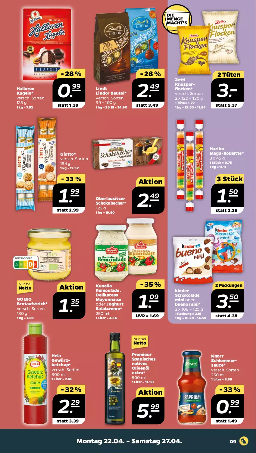 Aktueller Prospekt Netto - Woche 17 - von 22.04 bis 27.04.2024 - strona 9 - produkty: aufstrich, Becher, beutel, bio, brot, brotaufstrich, creme, gewürz, gewürzketchup, giotto, haribo, Hela, joghur, joghurt, ketchup, Kinder, kinder schokolade, knorr, Knusperflocken, Kugel, lindor, lindt, mayonnaise, natives olivenöl, olive, oliven, olivenöl, olivenöl extra, remoulade, salat, salatcreme, sauce, schlemmersauce, schoko, schokolade, Ti, Tüte, Yo