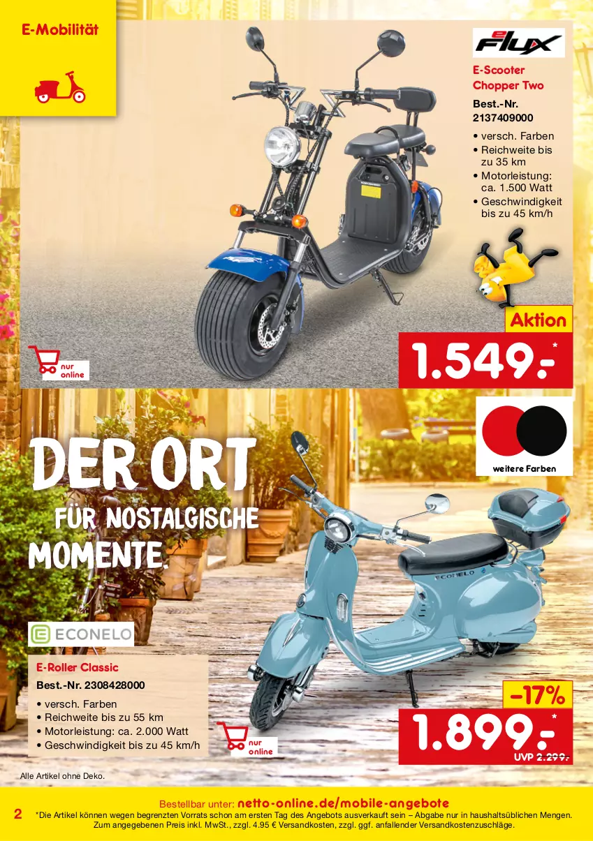 Aktueller Prospekt Netto Marken-Discount - Online-SonderangeboteElektro-Mobilität - von 01.05 bis 31.07.2022 - strona 2 - produkty: angebot, angebote, E-Mobilität, E-Roller, eis, ente, LG, ndk, reis, Ria, Roller, scooter, Ti, ZTE