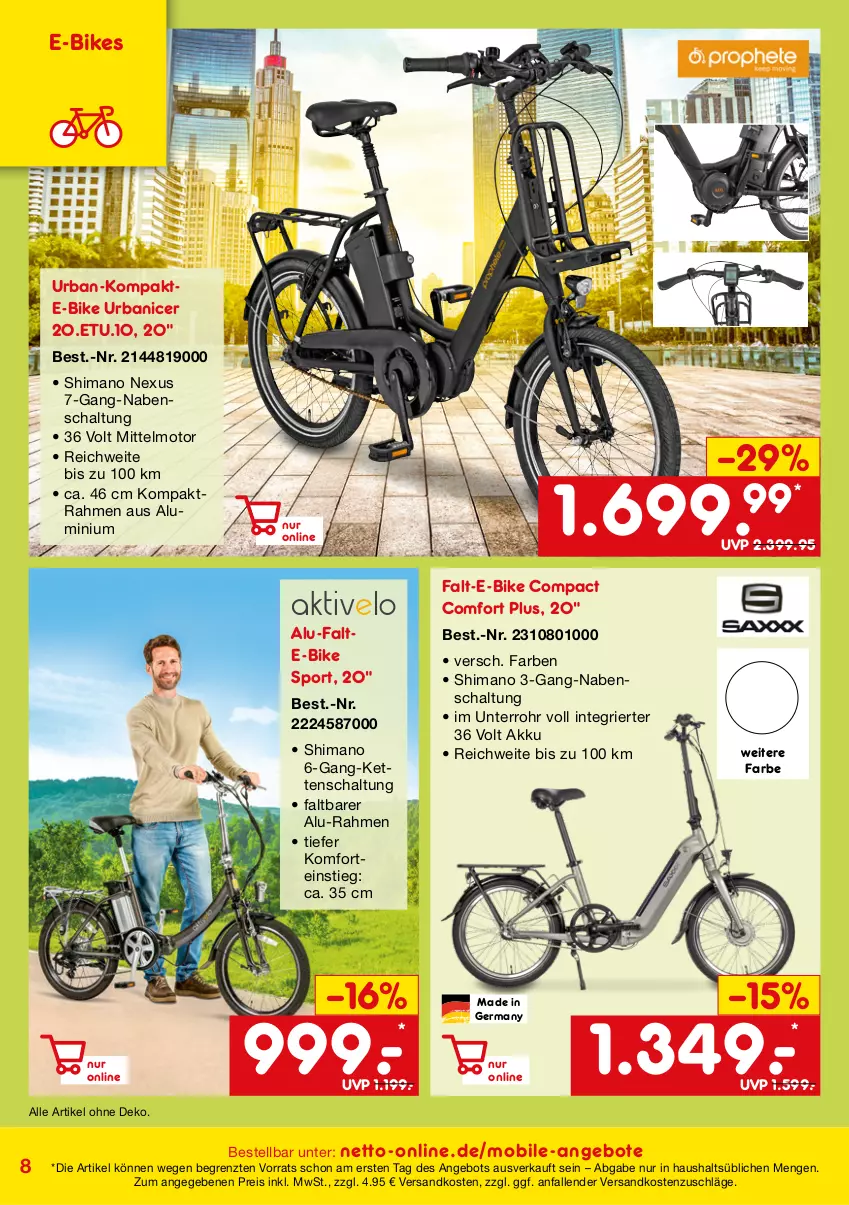 Aktueller Prospekt Netto Marken-Discount - Online-SonderangeboteElektro-Mobilität - von 01.05 bis 31.07.2022 - strona 8 - produkty: akku, angebot, angebote, E-Bike, E-Bikes, eis, Germ, Kette, ndk, nexus, reis, Schal, shimano, Sport, Ti, ZTE