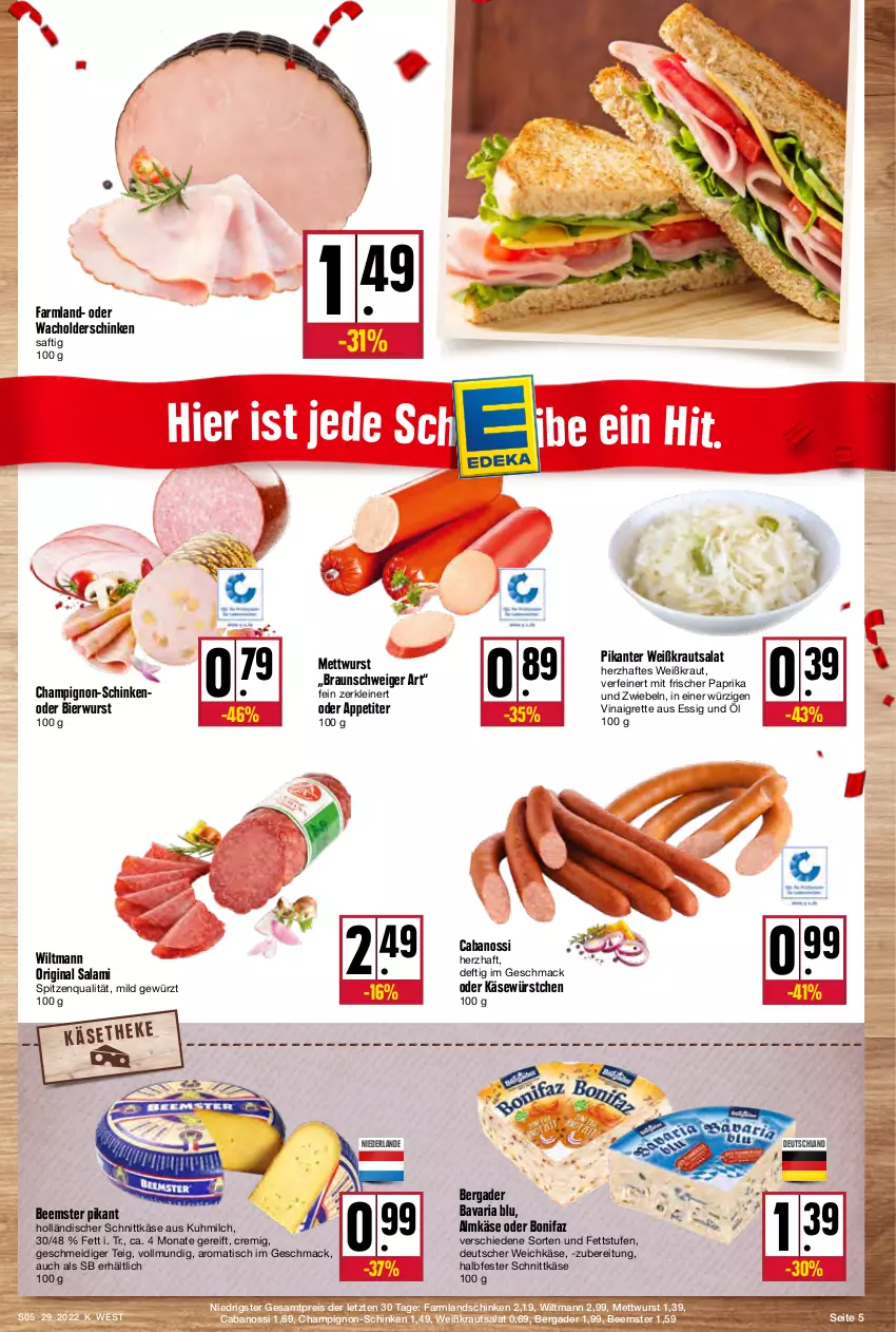 Aktueller Prospekt Kupsch - Angebote der Woche - von 18.07 bis 23.07.2022 - strona 5 - produkty: almkäse, bavaria blu, Beemster, bergader, bier, braun, Cabanossi, champignon, deutscher weichkäse, eis, essig, gewürz, gin, halbfester schnittkäse, holländischer schnittkäse, Käse, Kraut, krautsalat, landschinken, leine, mac, Mett, mettwurst, milch, paprika, reis, Ria, saft, salami, salat, schinken, schnittkäse, spitzenqualität, Ti, tisch, weichkäse, wiltmann, wurst, würstchen, ZTE, zwiebel, zwiebeln