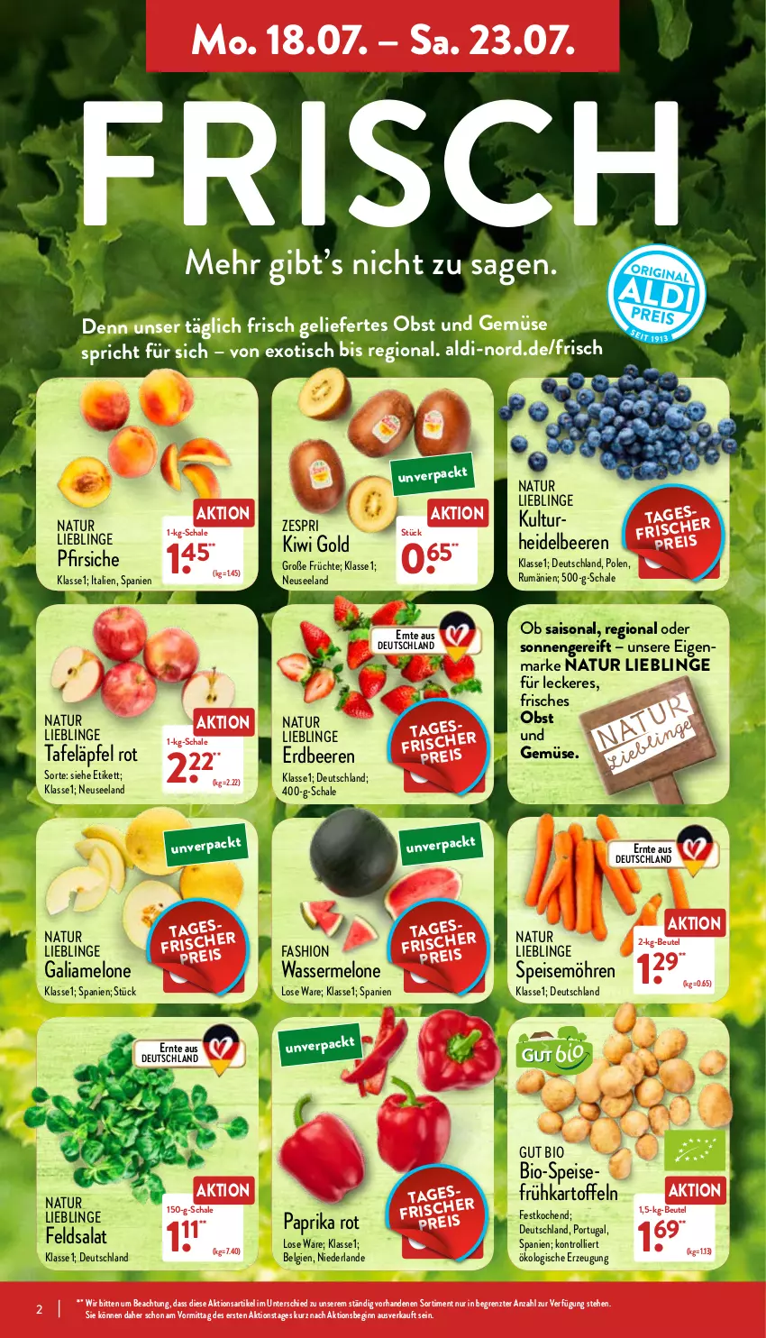 Aktueller Prospekt Aldi Nord - Aldi-Vorschau - von 18.07 bis 23.07.2022 - strona 2 - produkty: aldi, beere, beeren, beutel, bio, eis, Elan, erdbeere, erdbeeren, feldsalat, früchte, Frühkartoffeln, galiamelone, gin, heidelbeere, heidelbeeren, kartoffel, kartoffeln, kiwi, Kiwi Gold, LG, melone, möhren, natur, obst, Obst und Gemüse, paprika, paprika rot, pfirsich, pfirsiche, reis, rum, salat, Schal, Schale, speisefrühkartoffeln, speisemöhren, tafeläpfel, Ti, tisch, trolli, und gemüse, wasser, wassermelone, zespri, ZTE