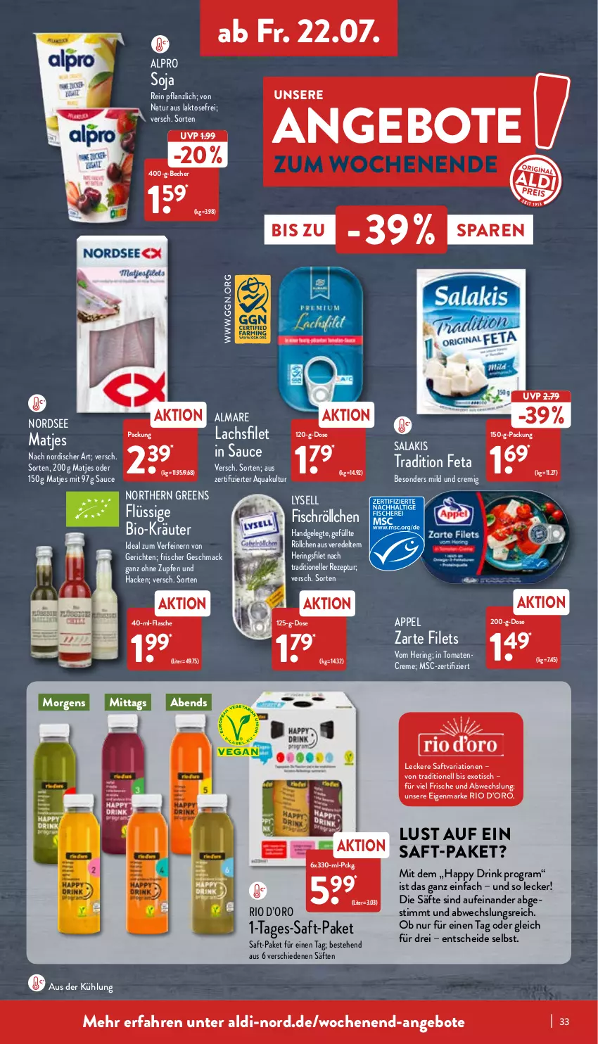 Aktueller Prospekt Aldi Nord - Aldi-Vorschau - von 18.07 bis 23.07.2022 - strona 33 - produkty: aldi, almare, alpro, angebot, angebote, aqua, Becher, bio, creme, drink, elle, feta, filet, filets, fisch, flasche, hering, Herings, kräuter, lachs, lachsfilet, lysell, mac, matjes, natur, Nordsee, rezept, Ria, ring, saft, säfte, salakis, sauce, soja, Ti, tisch, tomate, tomaten