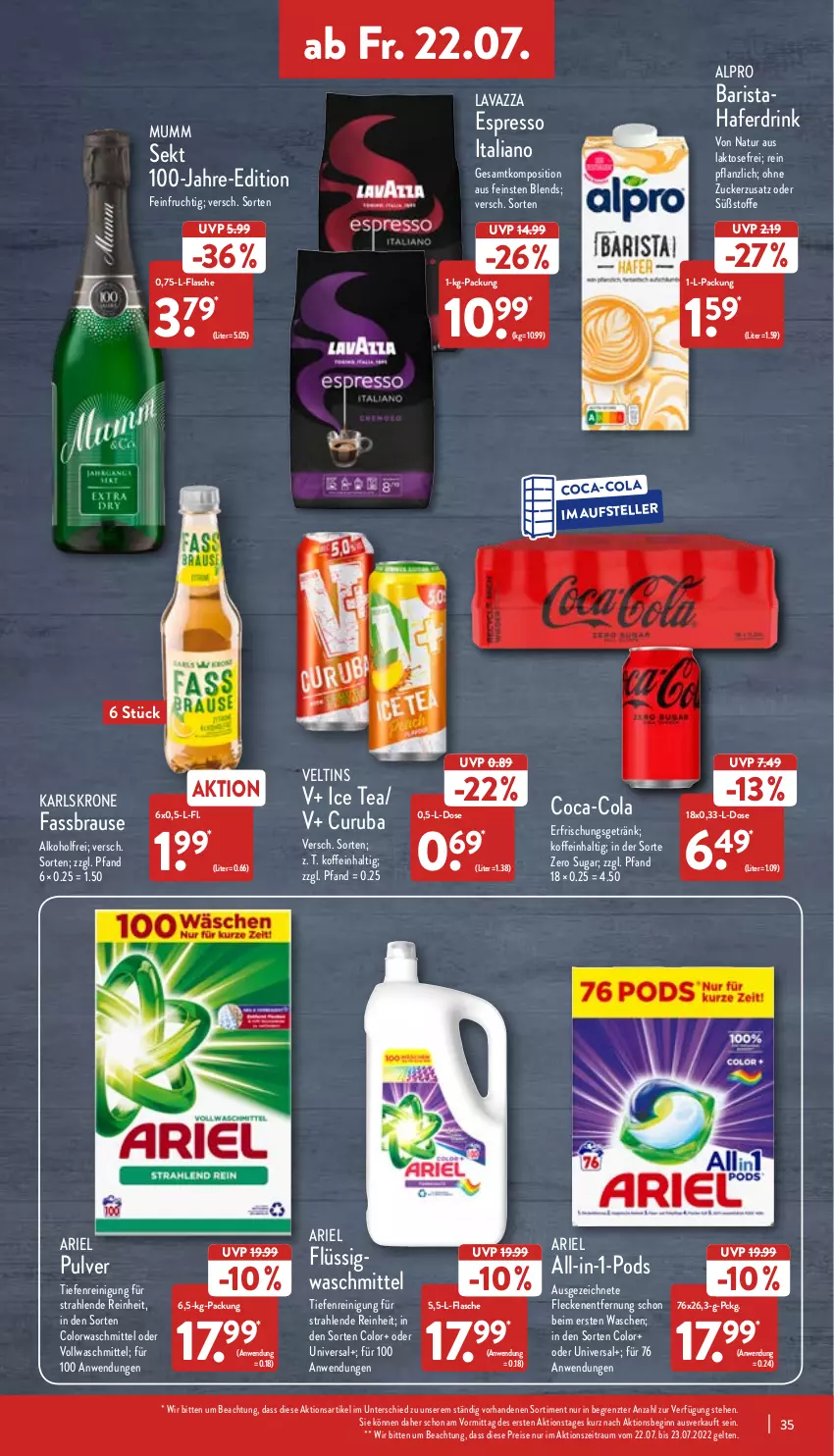 Aktueller Prospekt Aldi Nord - Aldi-Vorschau - von 18.07 bis 23.07.2022 - strona 35 - produkty: alkohol, alpro, ariel, brause, coca-cola, cola, colorwaschmittel, drink, eis, elle, erfrischungsgetränk, espresso, fassbrause, flasche, frucht, getränk, gin, hafer, Haferdrink, ice tea, krone, lavazza, mumm, natur, Pods, Reinigung, reis, sekt, teller, Ti, veltins, vollwaschmittel, waschmittel, ZTE, zucker