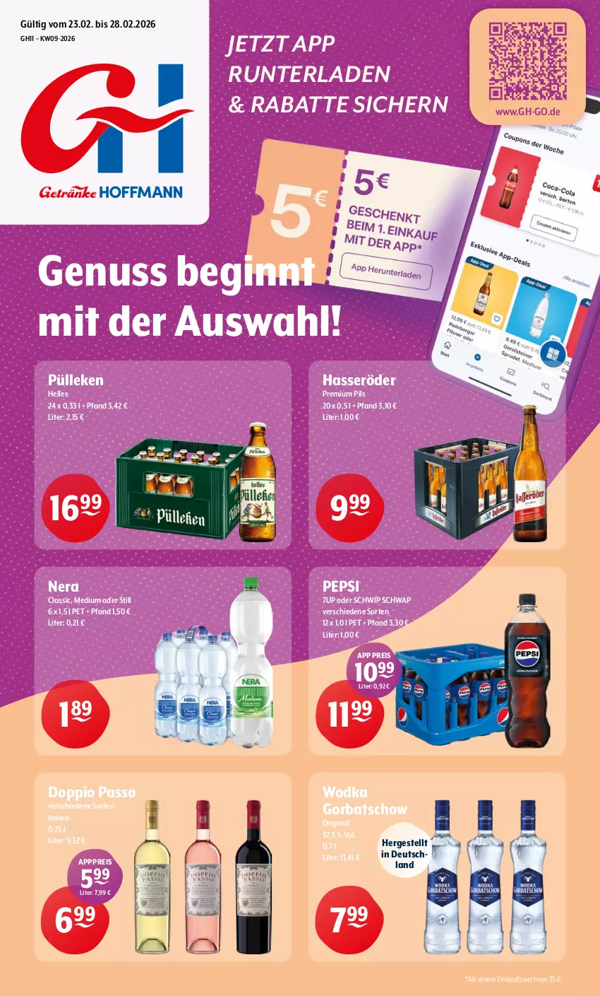 Aktueller Prospekt Getraenke Hoffmann - Prospekte - von 23.02 bis 28.02.2026 - strona 1 - produkty: 7UP, doppio passo, eis, elle, gin, Gorbatschow, hasseröder, nuss, passo, pepsi, pils, premium pils, reis, Schwip Schwap, Ti, wodka