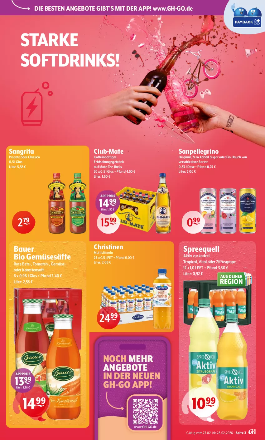 Aktueller Prospekt Getraenke Hoffmann - Prospekte - von 23.02 bis 28.02.2026 - strona 3 - produkty: angebot, angebote, auer, Bau, Bauer, bio, bio gemüse, classico, drink, drinks, eis, elle, erfrischungsgetränk, getränk, gin, karotten, reis, rote bete, saft, säfte, sanpellegrino, Spreequell, tee, Ti, tomate, tomaten, vita, zucker